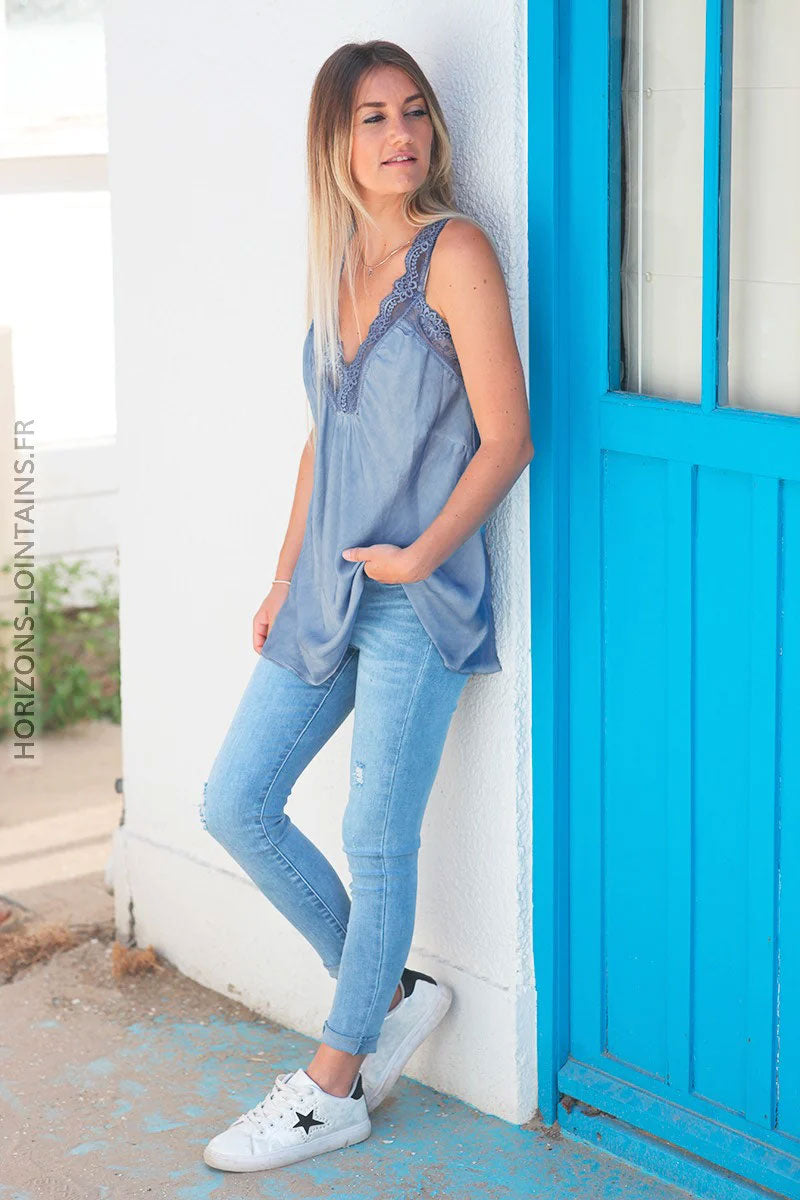 Dusty blue v-neck camisole with lace straps