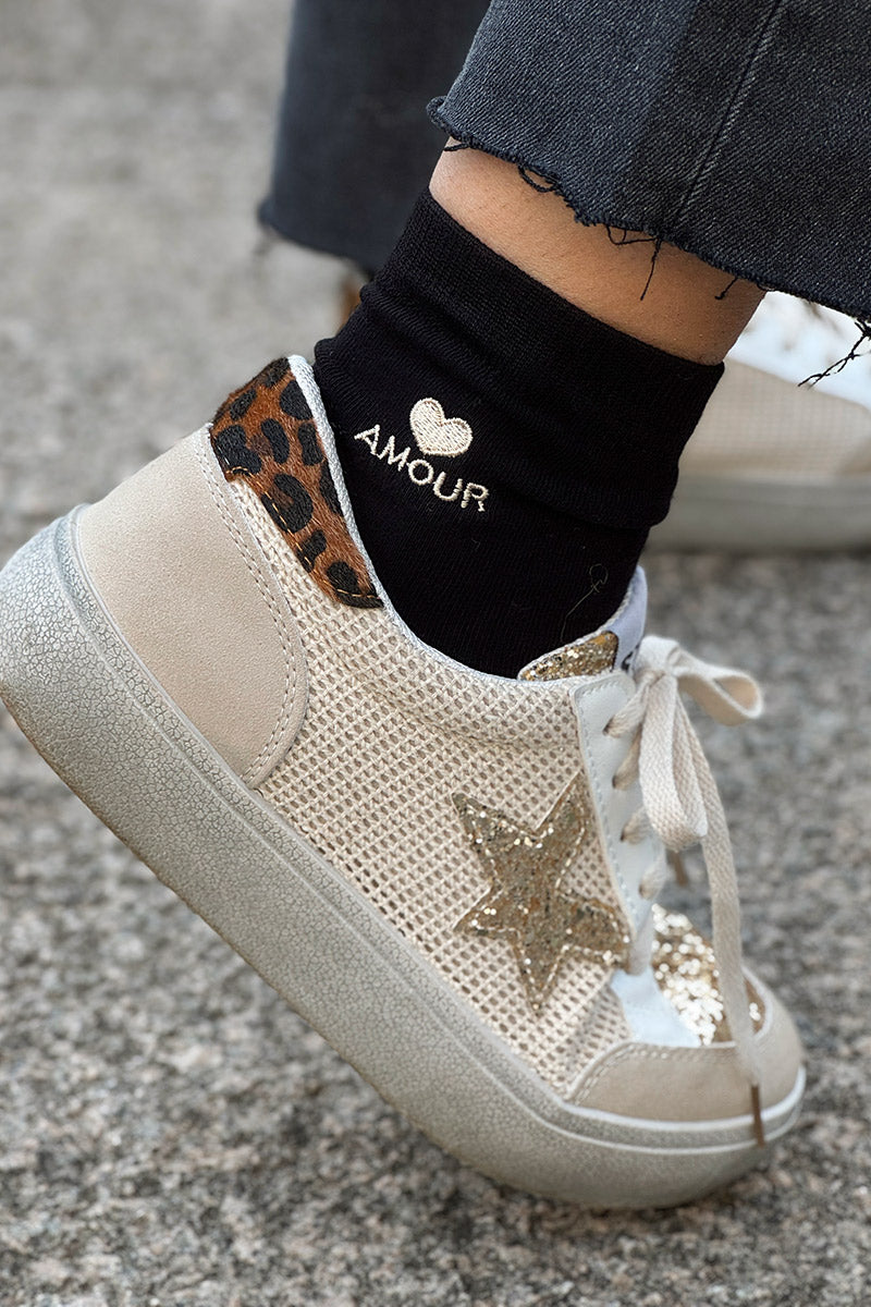 Chaussettes noires en coton avec broderie dorée cœur « Amour »
