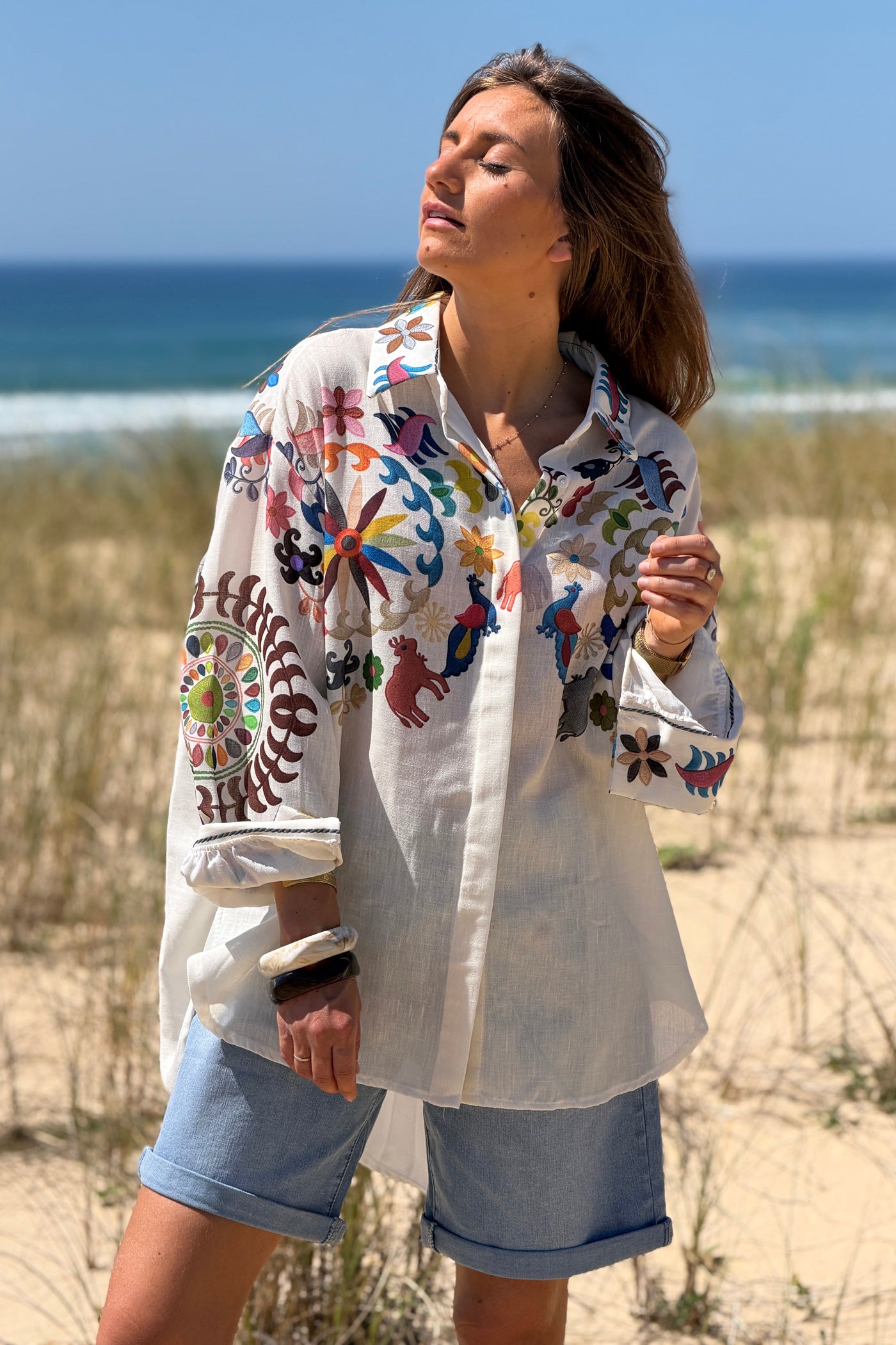 White Folk Art Animal Parade Button-Down Blouse