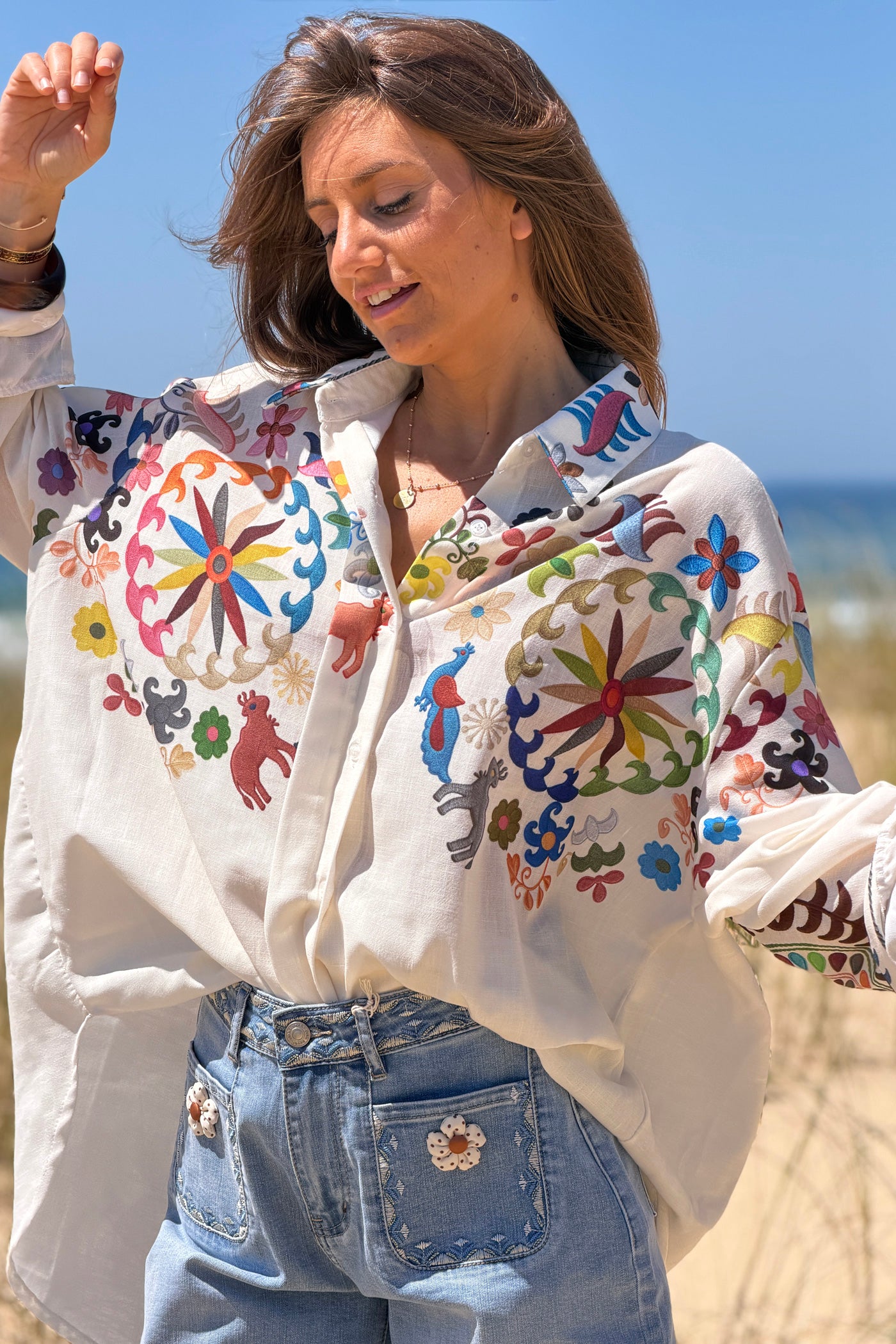 White Folk Art Animal Parade Button-Down Blouse