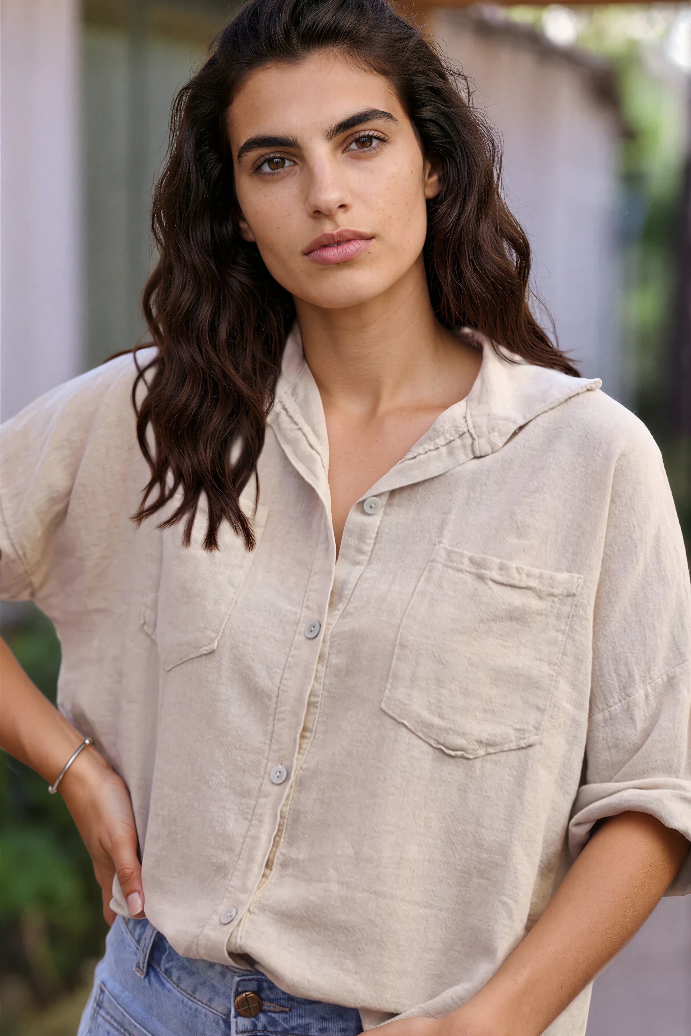 Beige soft cotton blouse with 3/4 sleeves and large pockets