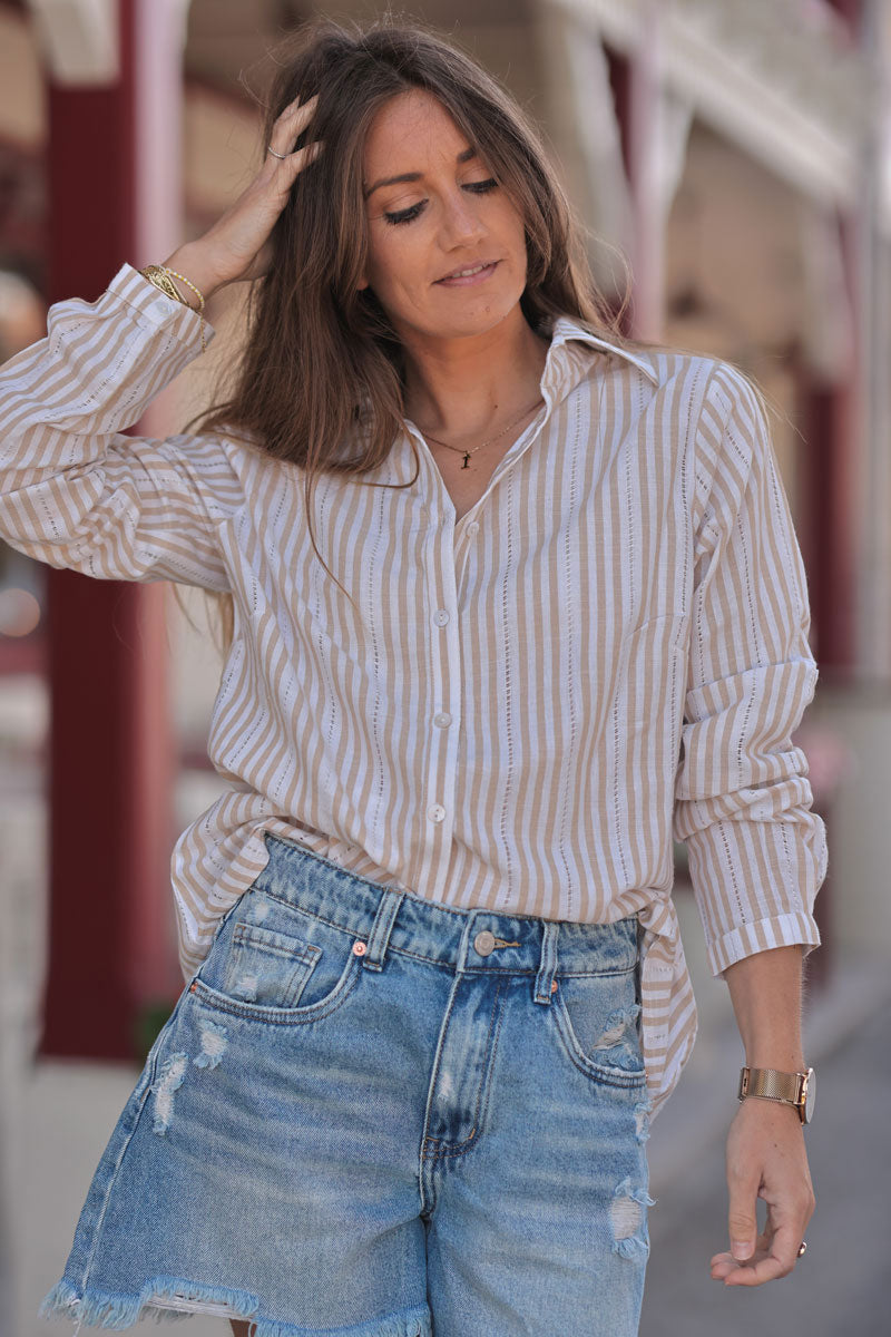 Taupe Vertical Stripe Eyelet Blouse