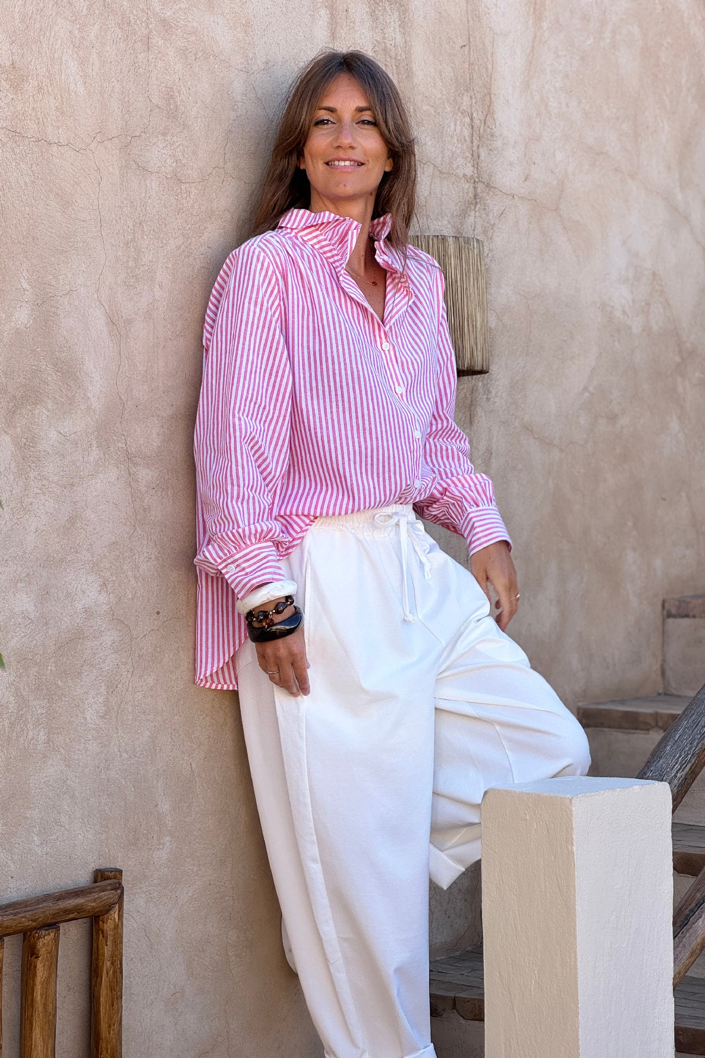 Pink Pinstripe Ruffle Collar Blouse