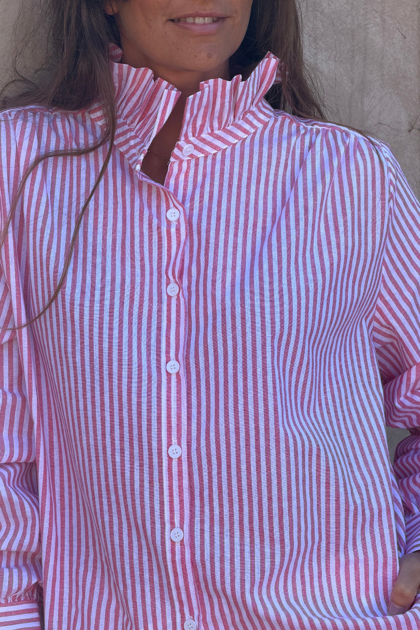Pink Pinstripe Ruffle Collar Blouse