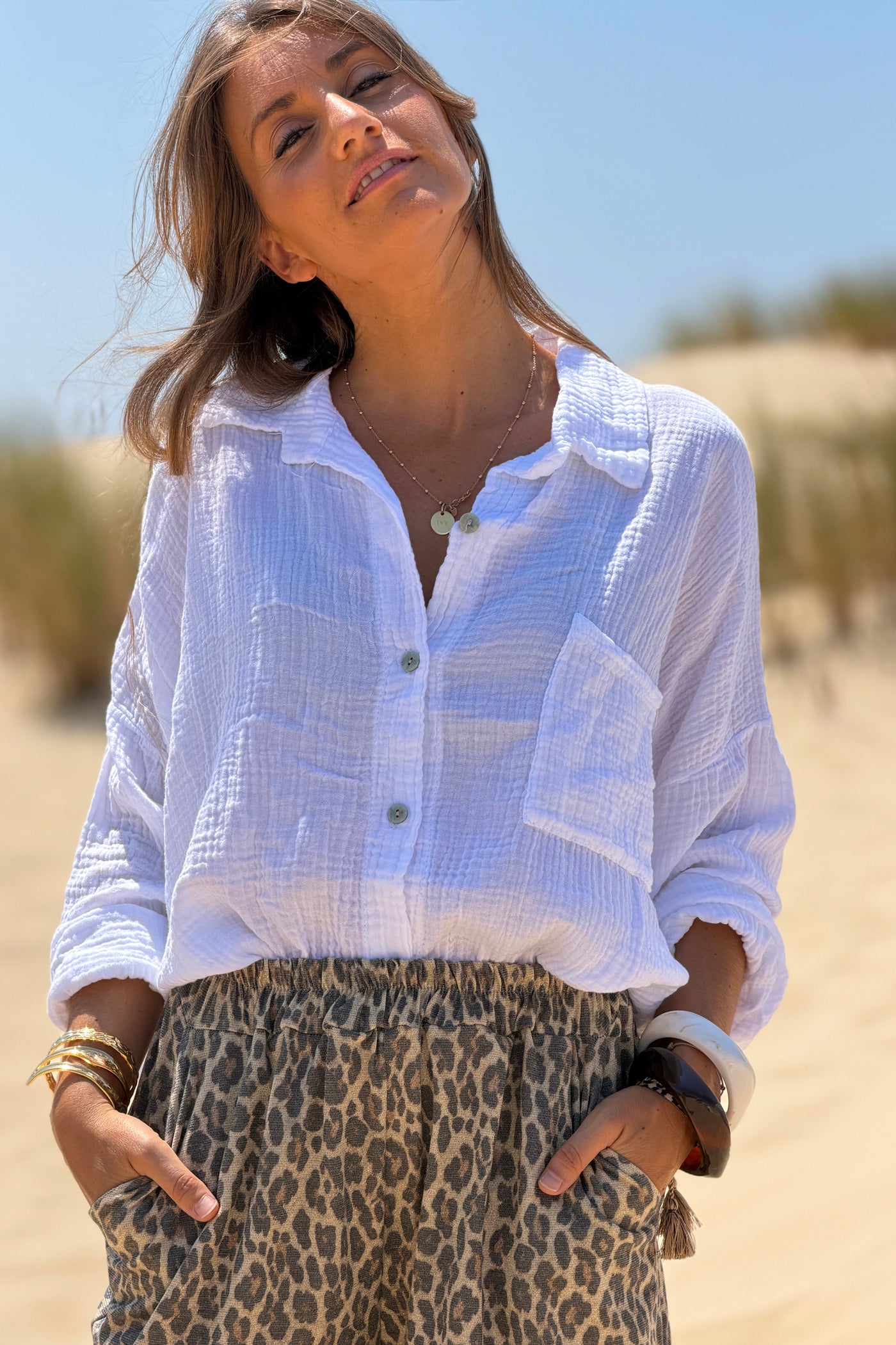 White Crinkle Gauze Button-Down Beach Shirt