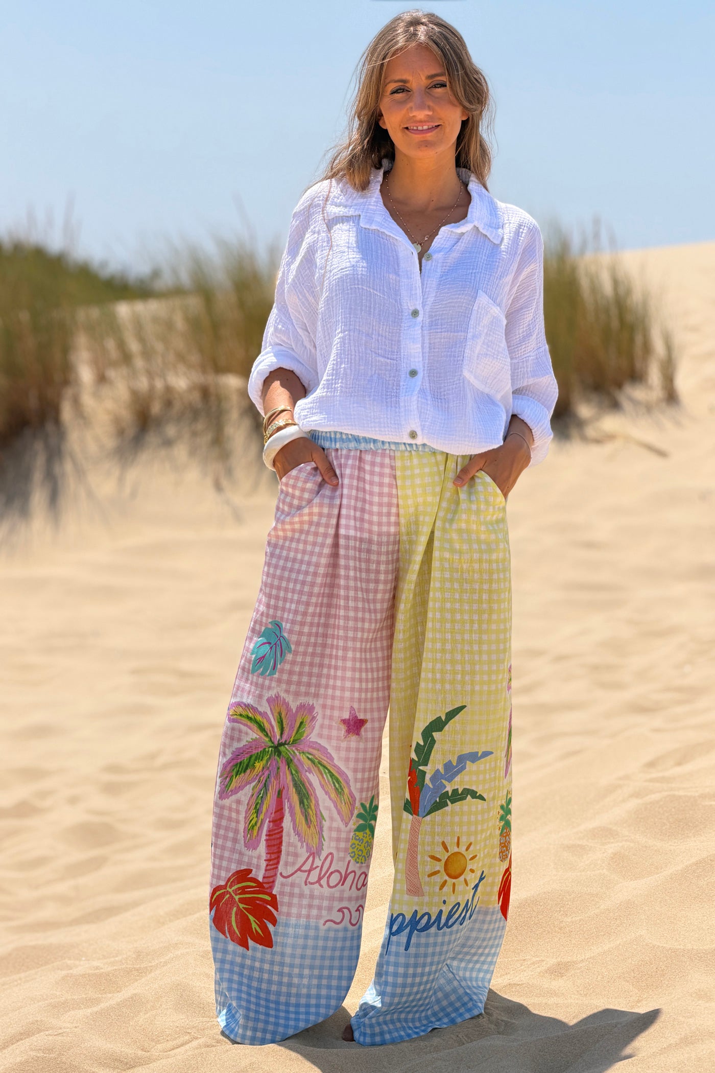White Crinkle Gauze Button-Down Beach Shirt