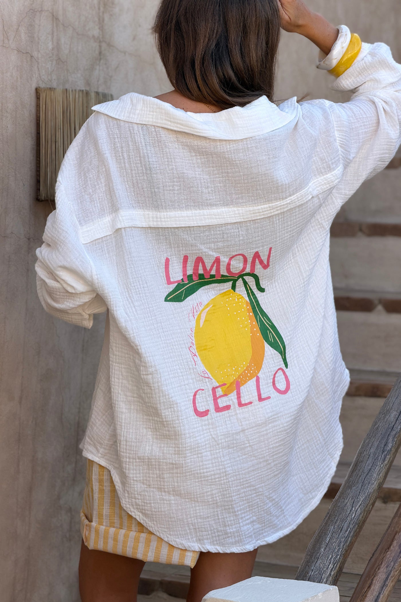 White “Limoncello” Cotton Gauze Button-Down Top