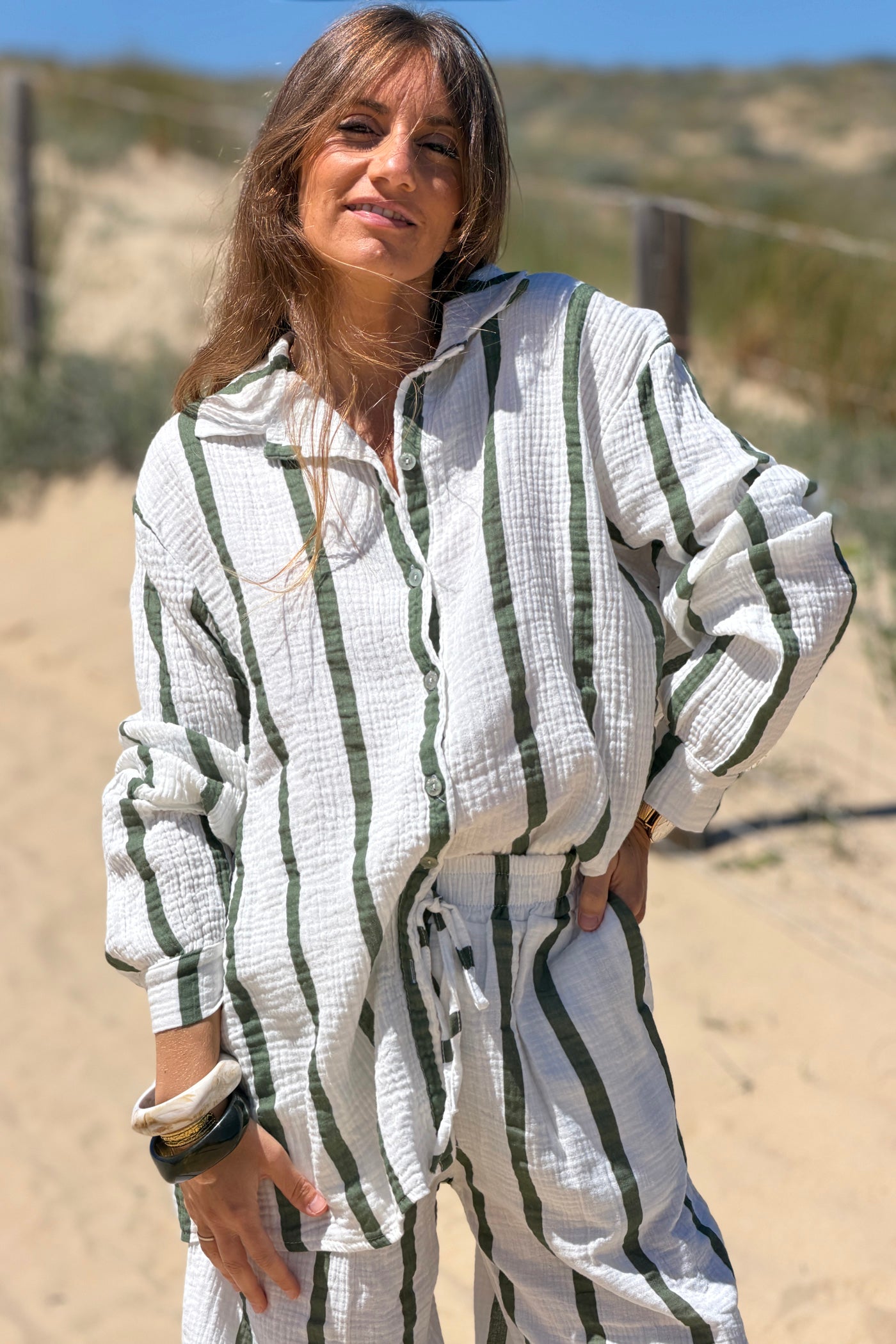 Olive Stripe Gauze Button-Down Shirt