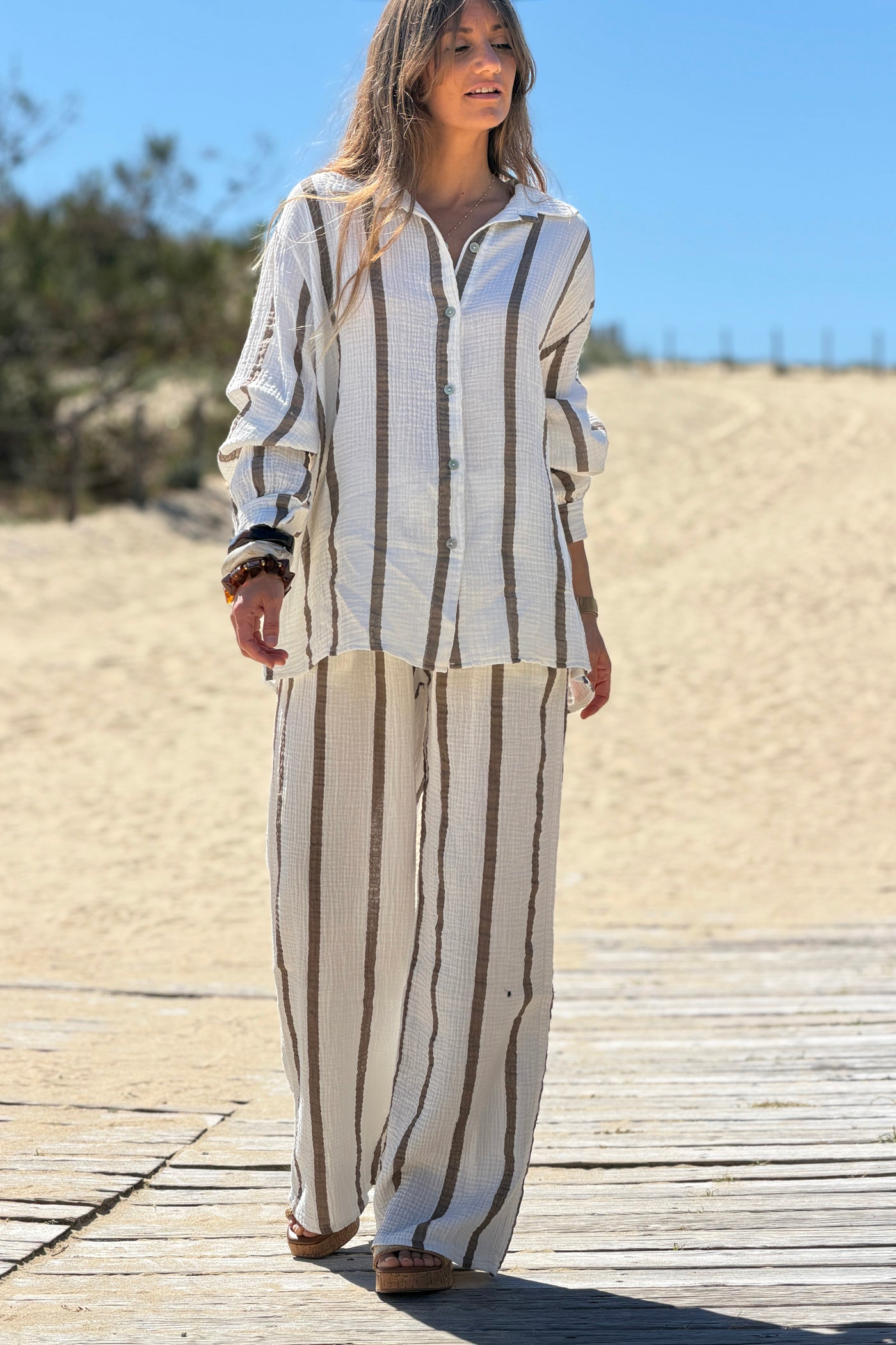 Cafe Brown Stripe Gauze Button-Down Shirt