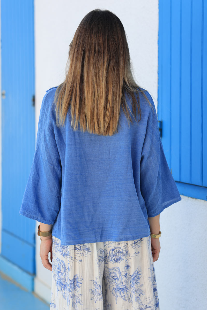 Chemise bleu roi souple en coton manches 3/4 et grandes poches