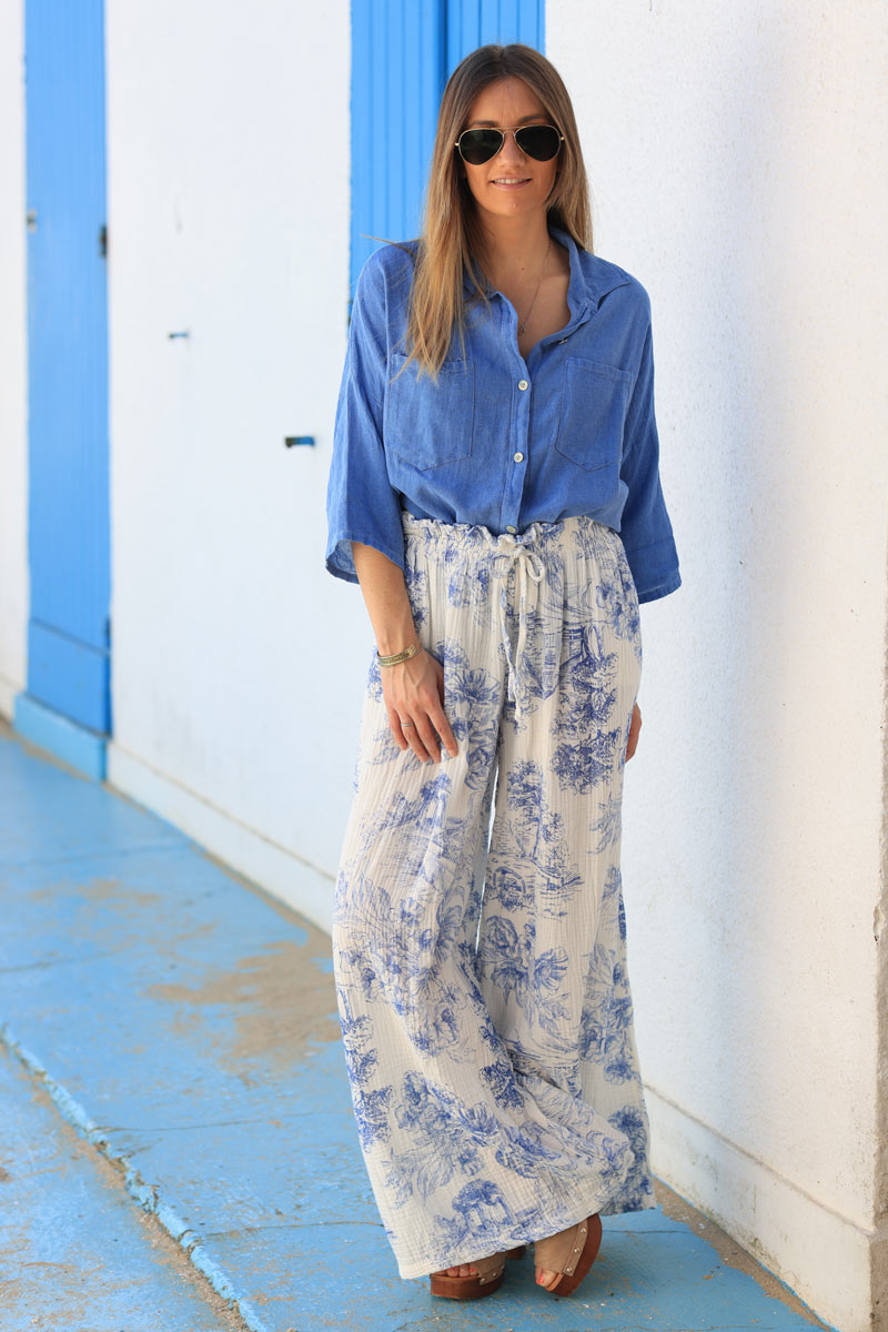 Chemise bleu roi souple en coton manches 3/4 et grandes poches