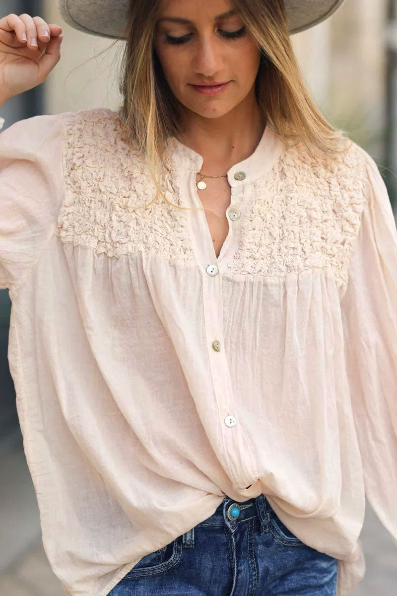 Smocked Ecru floaty Blouse with Mother of Pearl buttons