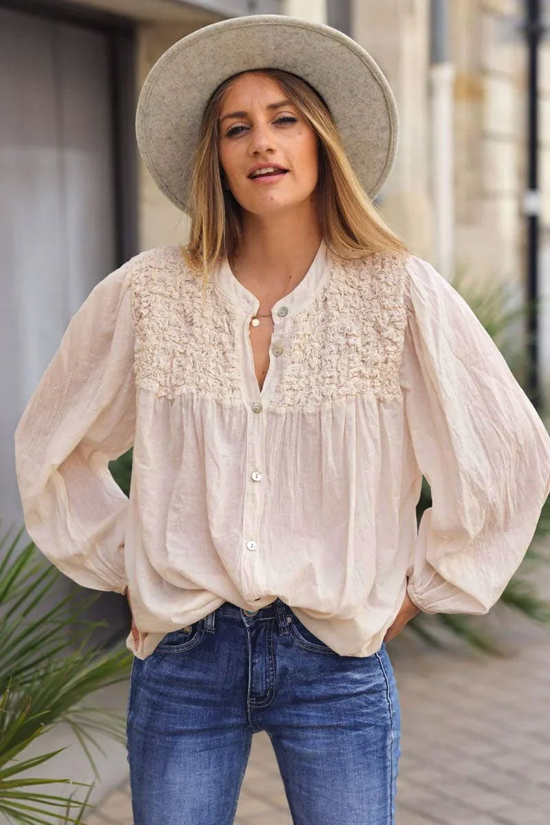 Smocked Ecru floaty Blouse with Mother of Pearl buttons