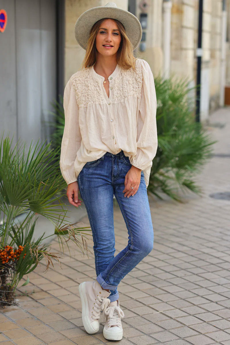 Smocked Ecru floaty Blouse with Mother of Pearl buttons
