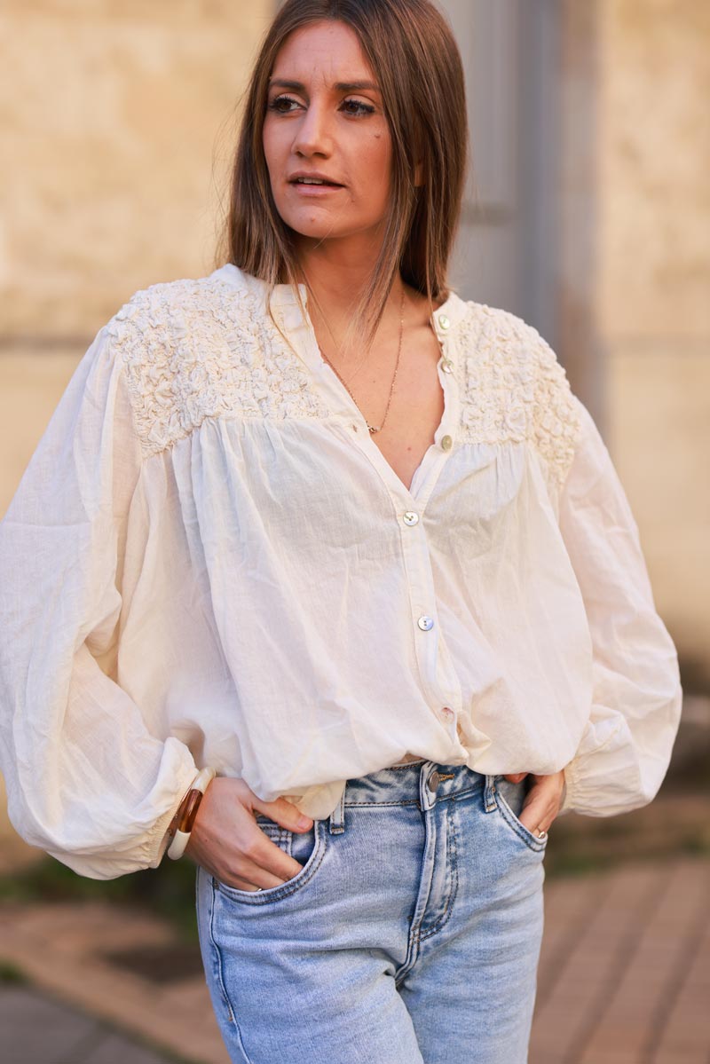 Smocked Ecru floaty Blouse with Mother of Pearl buttons