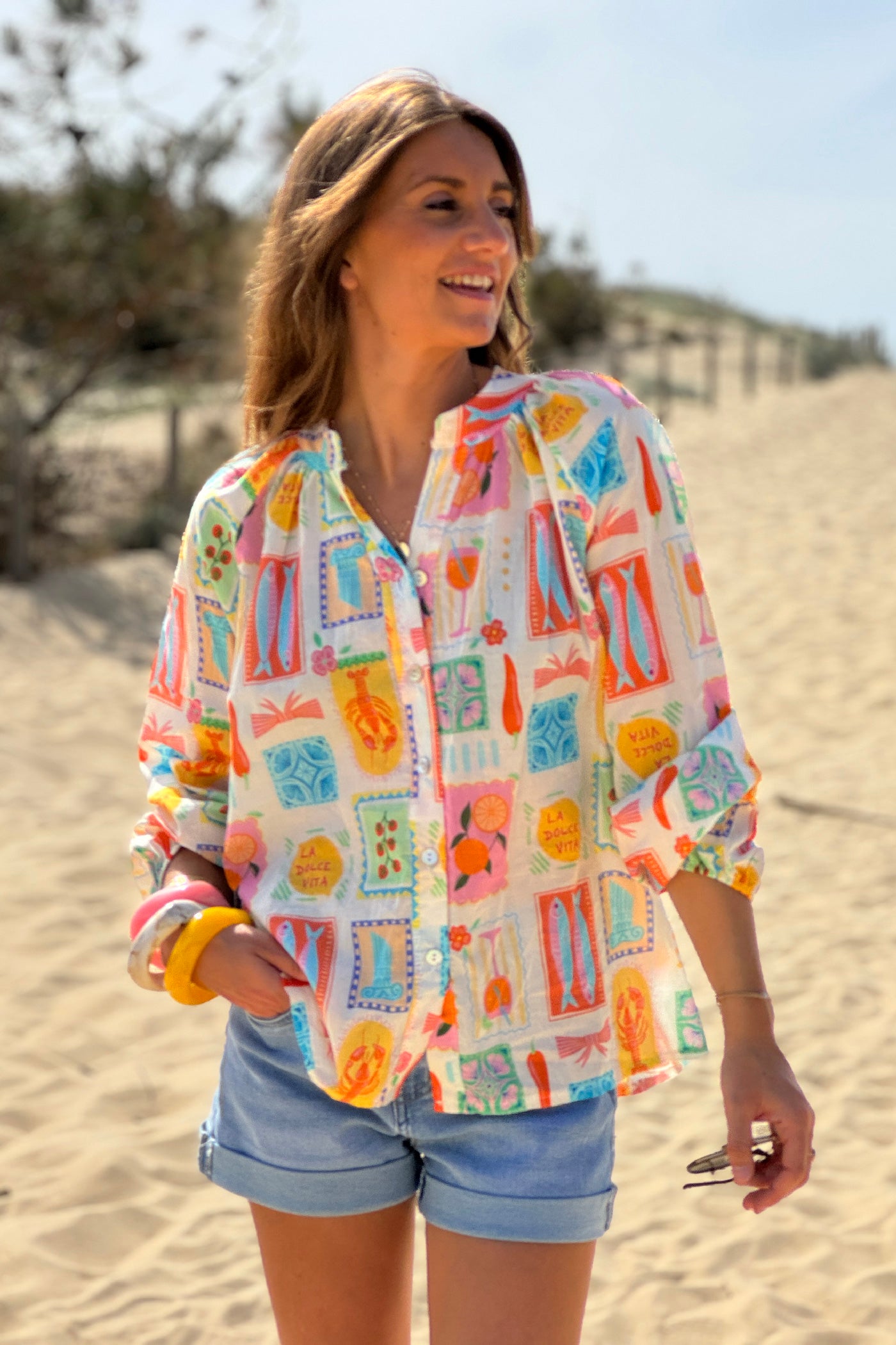 Chemise en coton imprimé petits dessins Italie Dolce Vita colorés