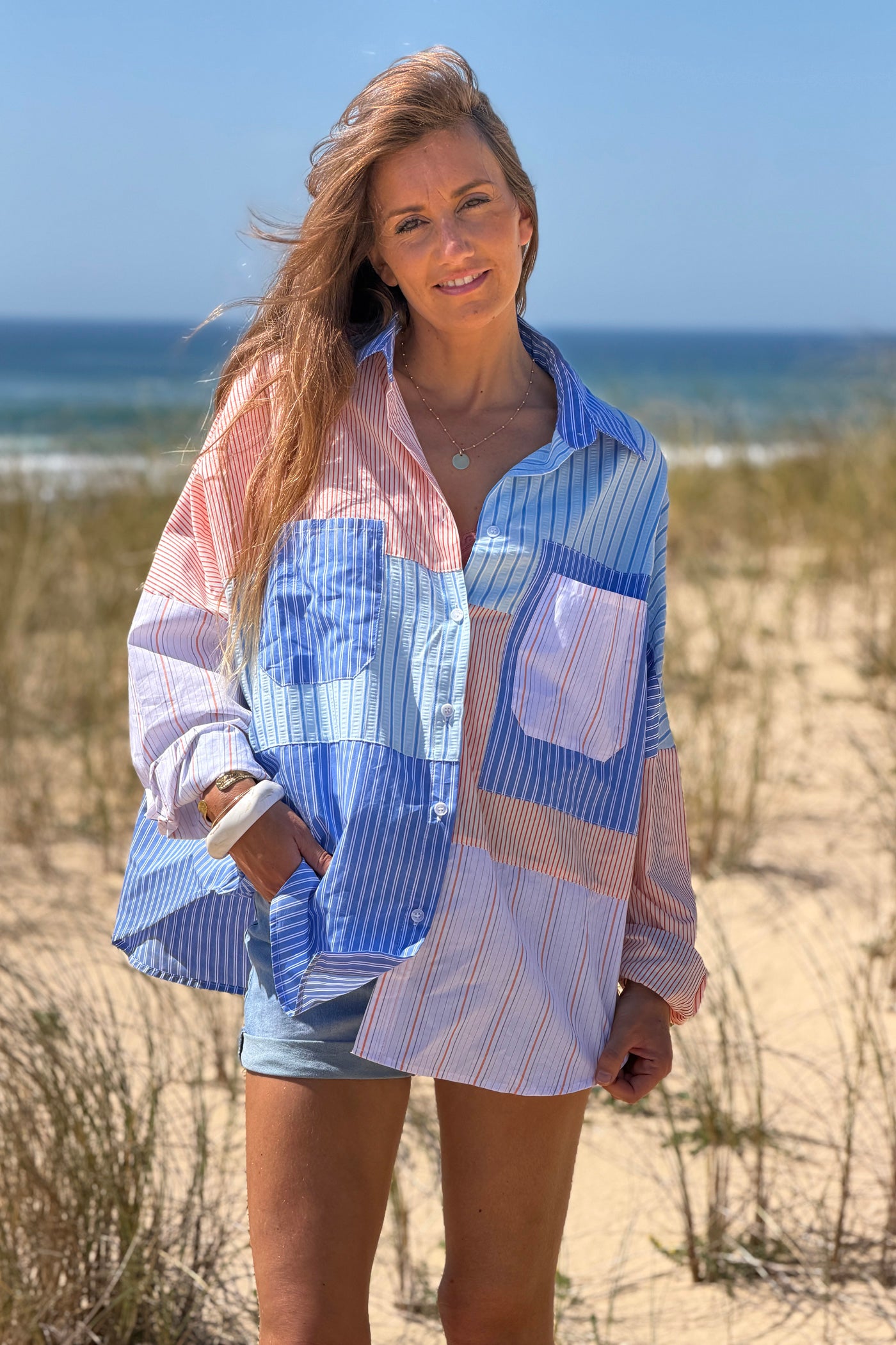 Blue Stripe Patchwork Button-Down Blouse