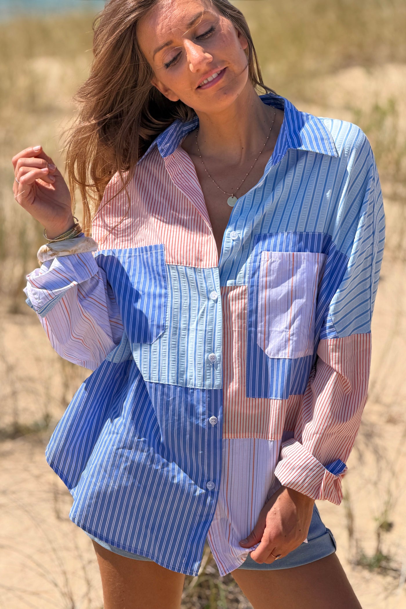 Blue Stripe Patchwork Button-Down Blouse