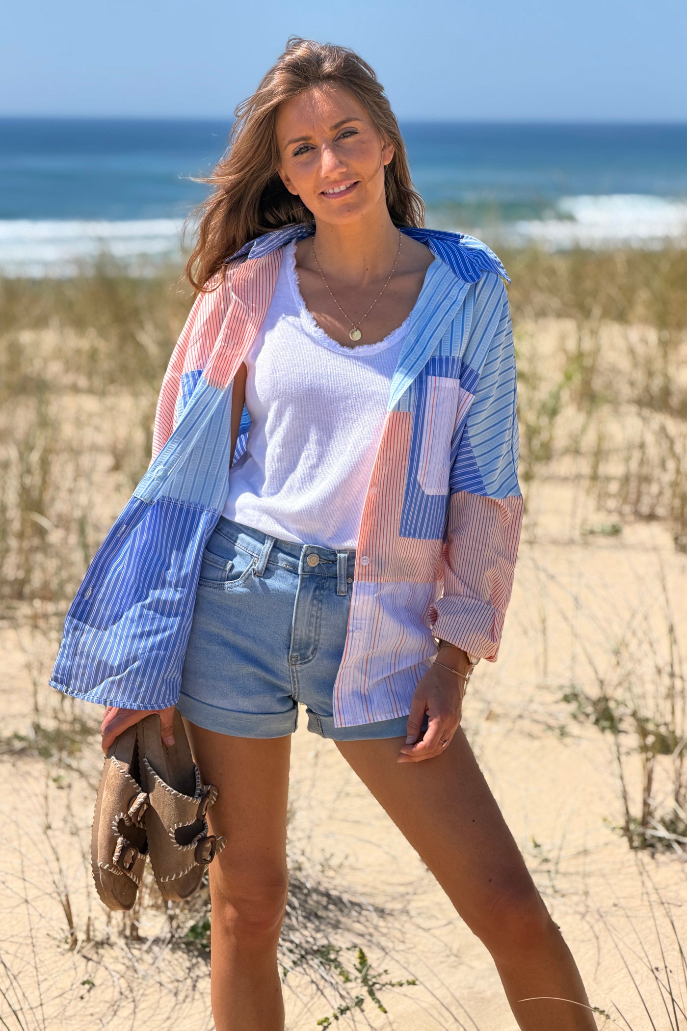 Blue Stripe Patchwork Button-Down Blouse