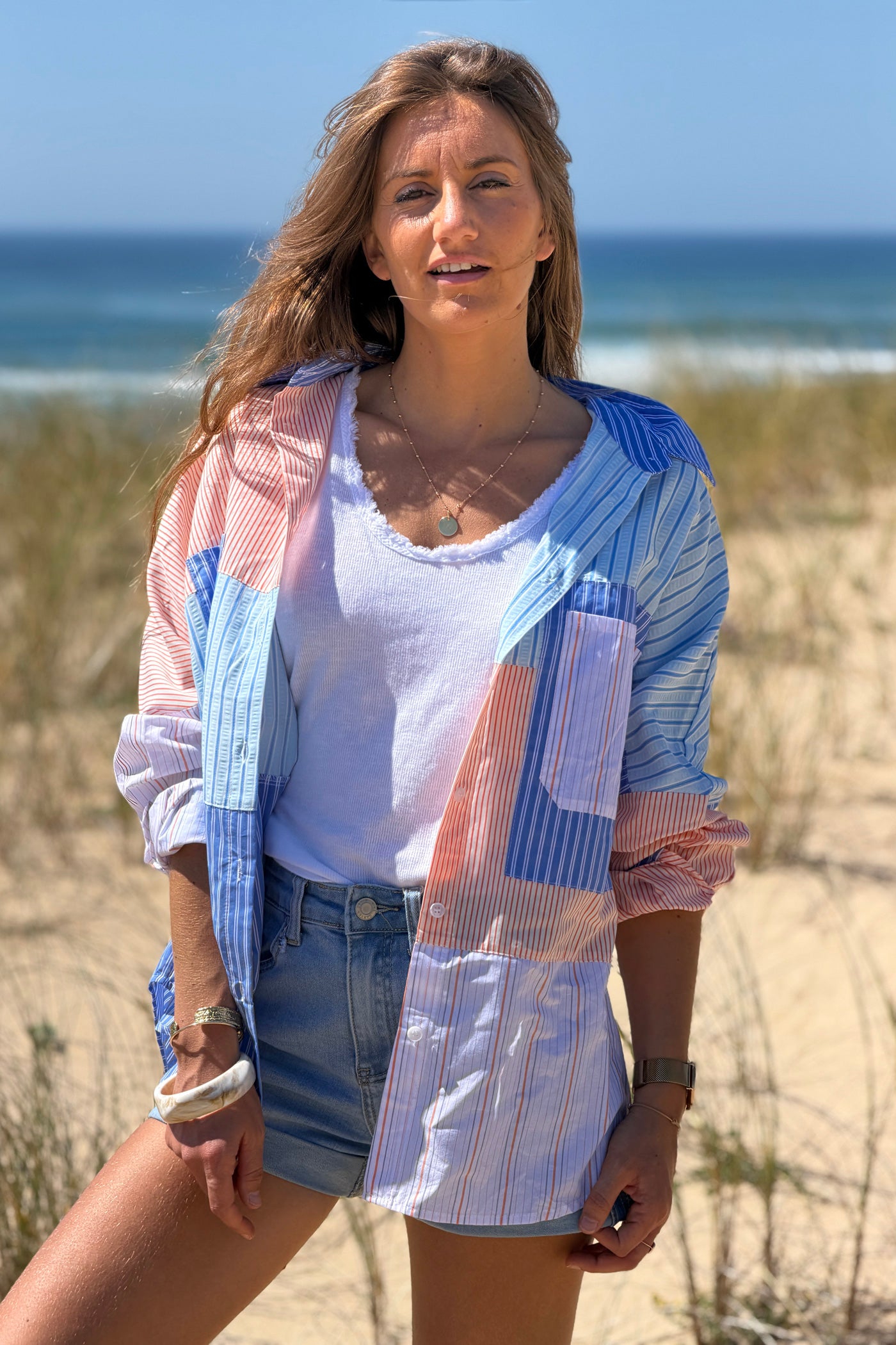 Blue Stripe Patchwork Button-Down Blouse