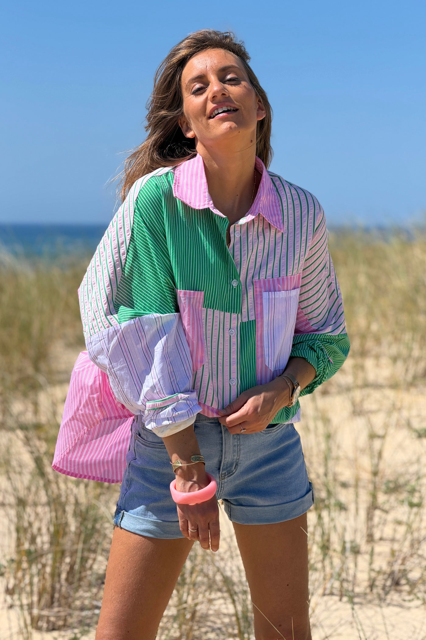 Pink Stripe Patchwork Button-Down Blouse