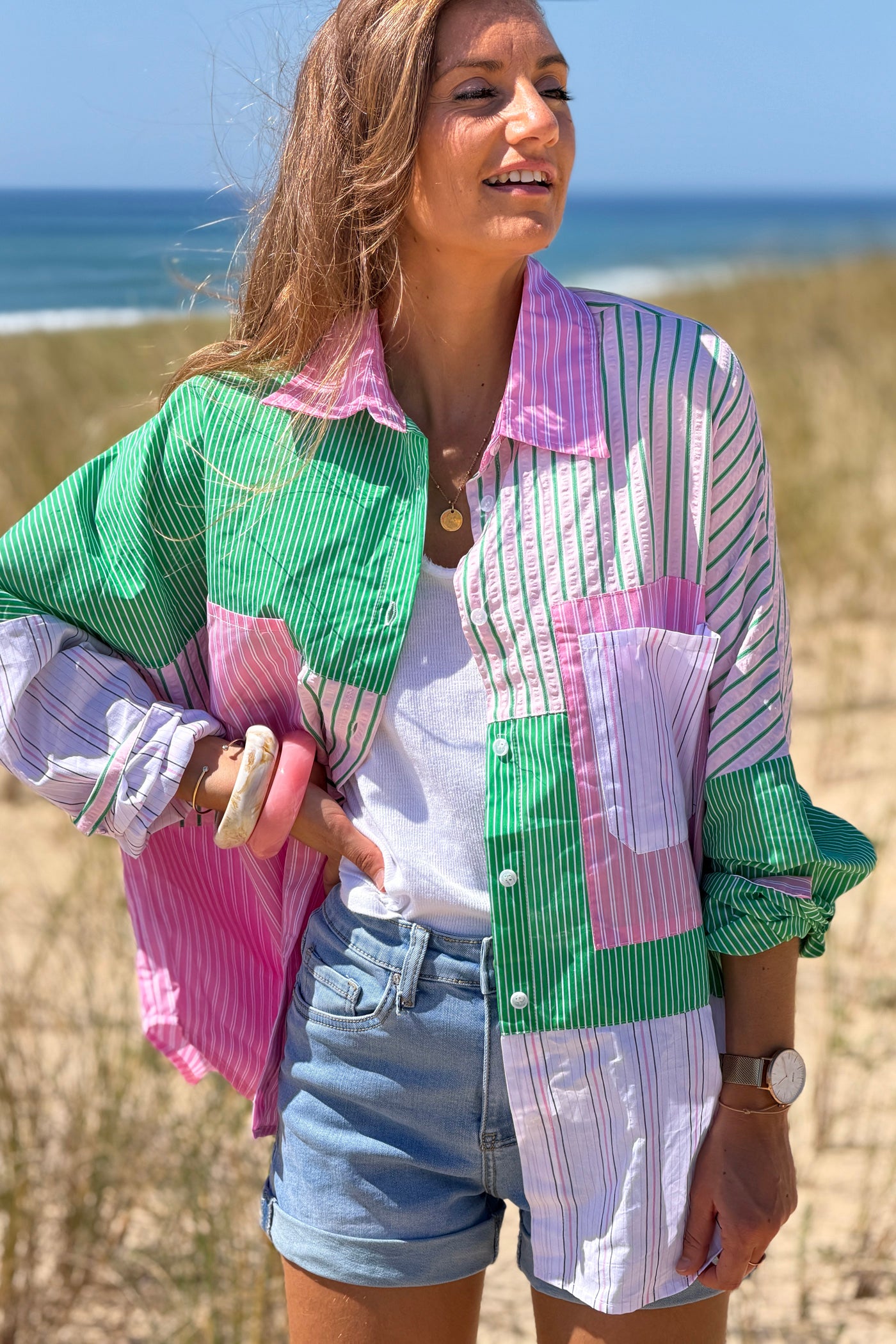 Pink Stripe Patchwork Button-Down Blouse