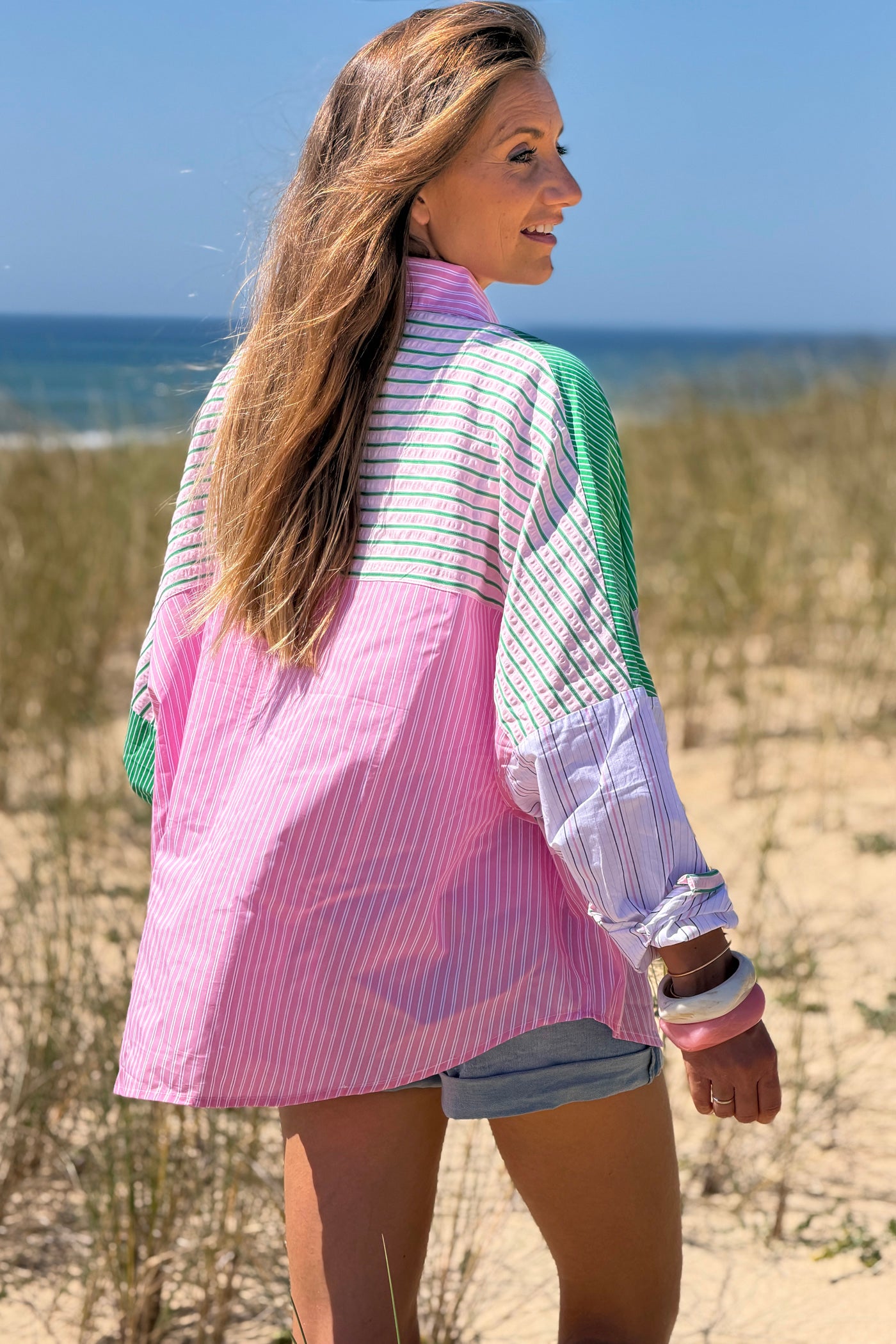 Pink Stripe Patchwork Button-Down Blouse