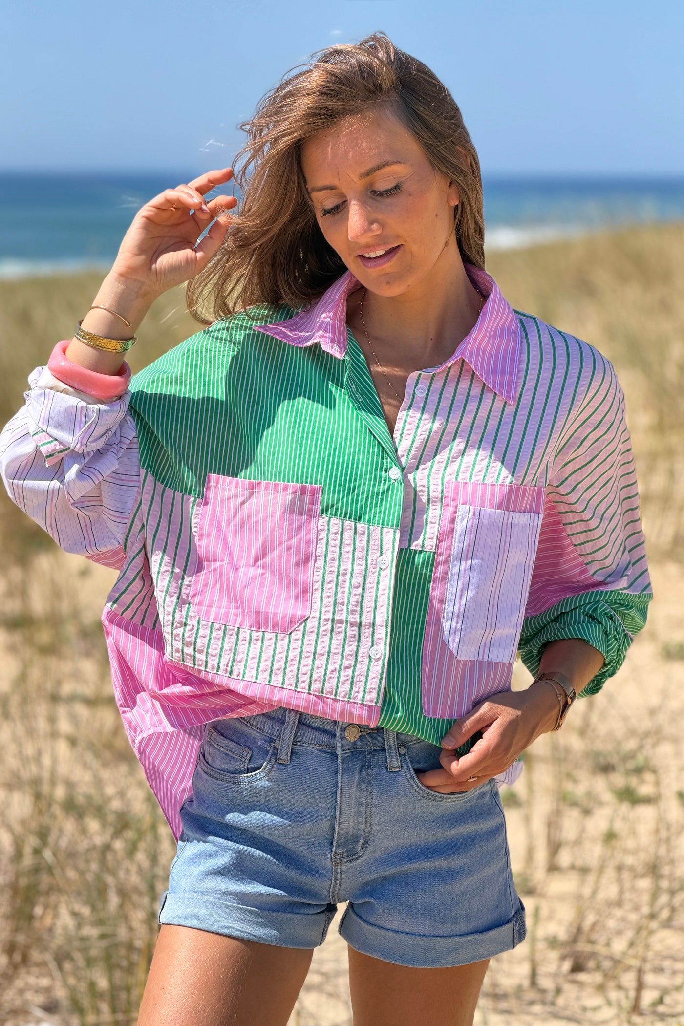 Pink Stripe Patchwork Button-Down Blouse