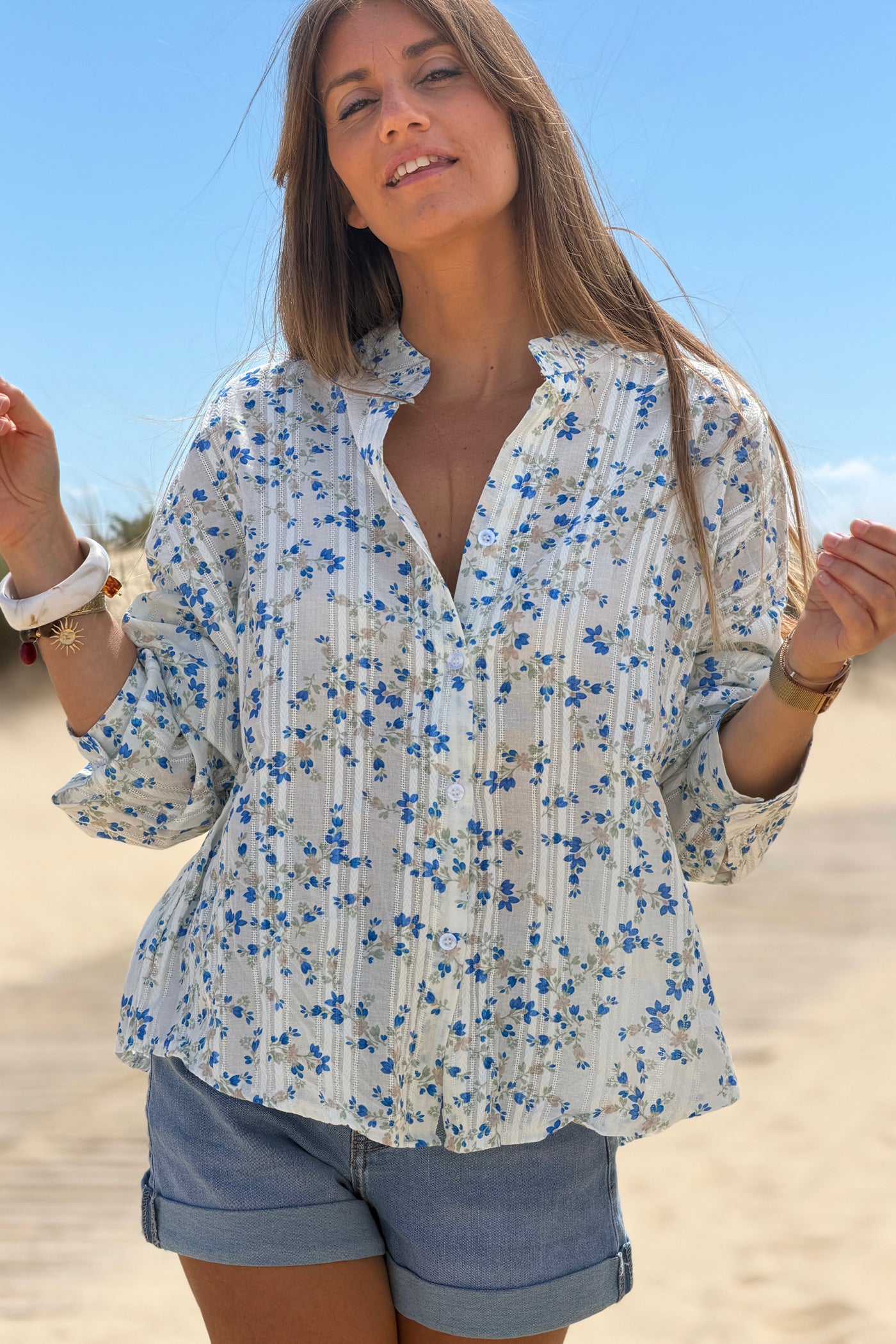 Blue Floral Tapestry Stripe Blouse