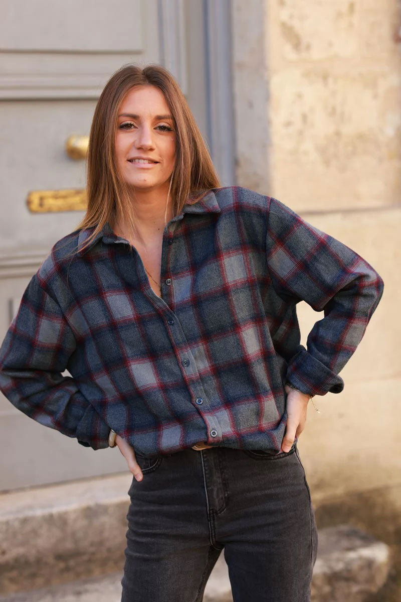 Chemise en flanelle à carreaux gris bleu et rouge toute douce