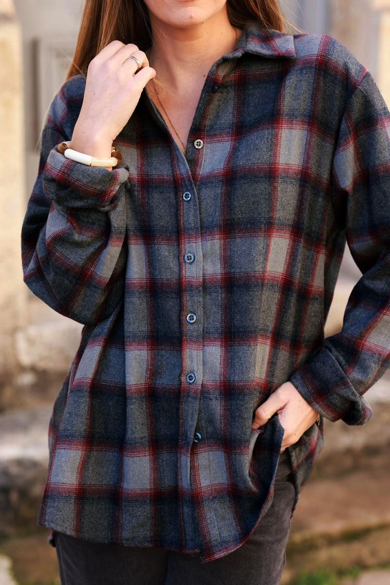 Chemise en flanelle à carreaux gris bleu et rouge toute douce