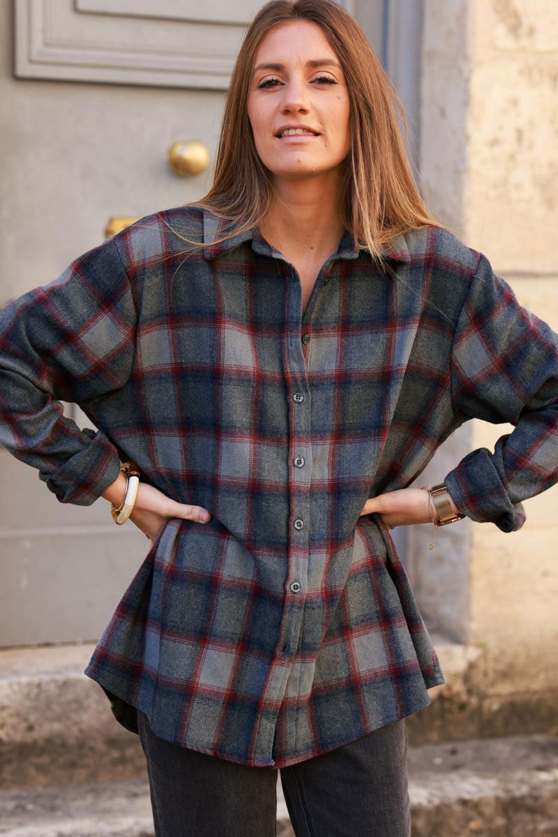 Chemise en flanelle à carreaux gris bleu et rouge toute douce