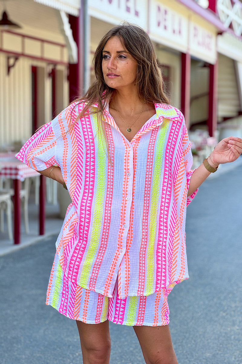 White Gauze Neon Stripe Button-Down Blouse