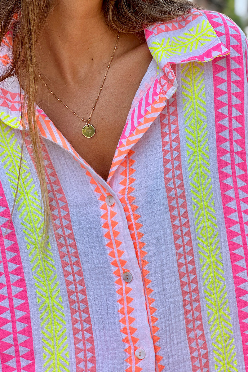 White Gauze Neon Stripe Button-Down Blouse