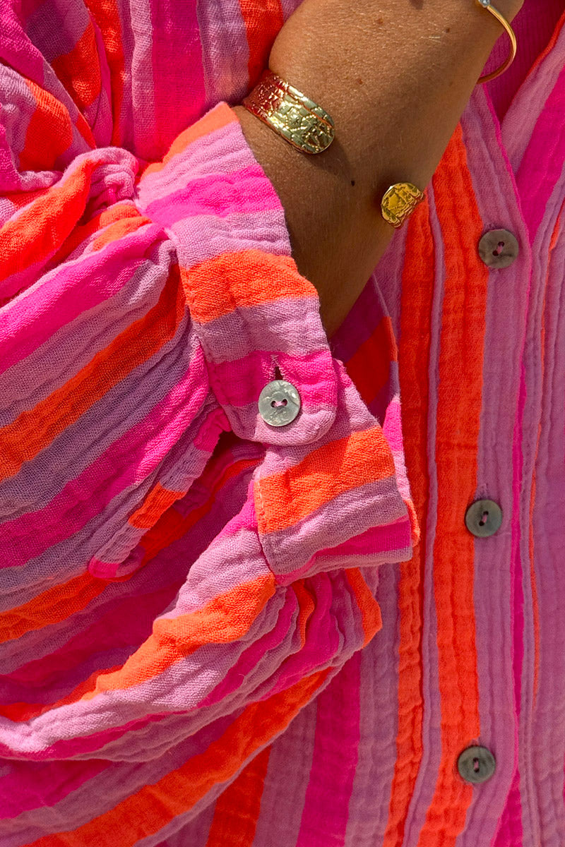 Hot Pink Striped Button-Down Blouse