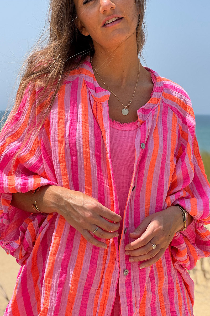 Chemise en gaze de coton rayures rose et orange fluo