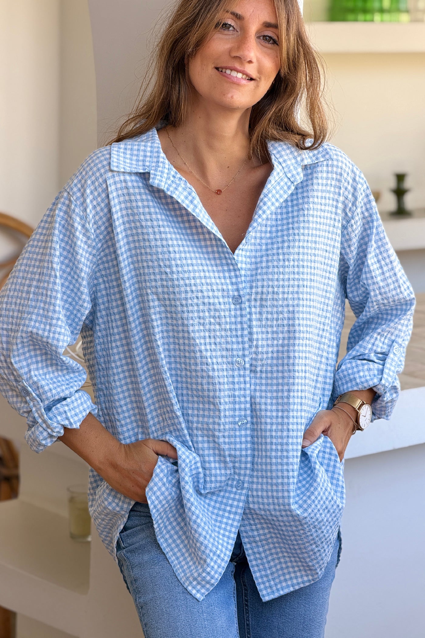 Chemise en seersucker large et stretch carreaux vichy bleu