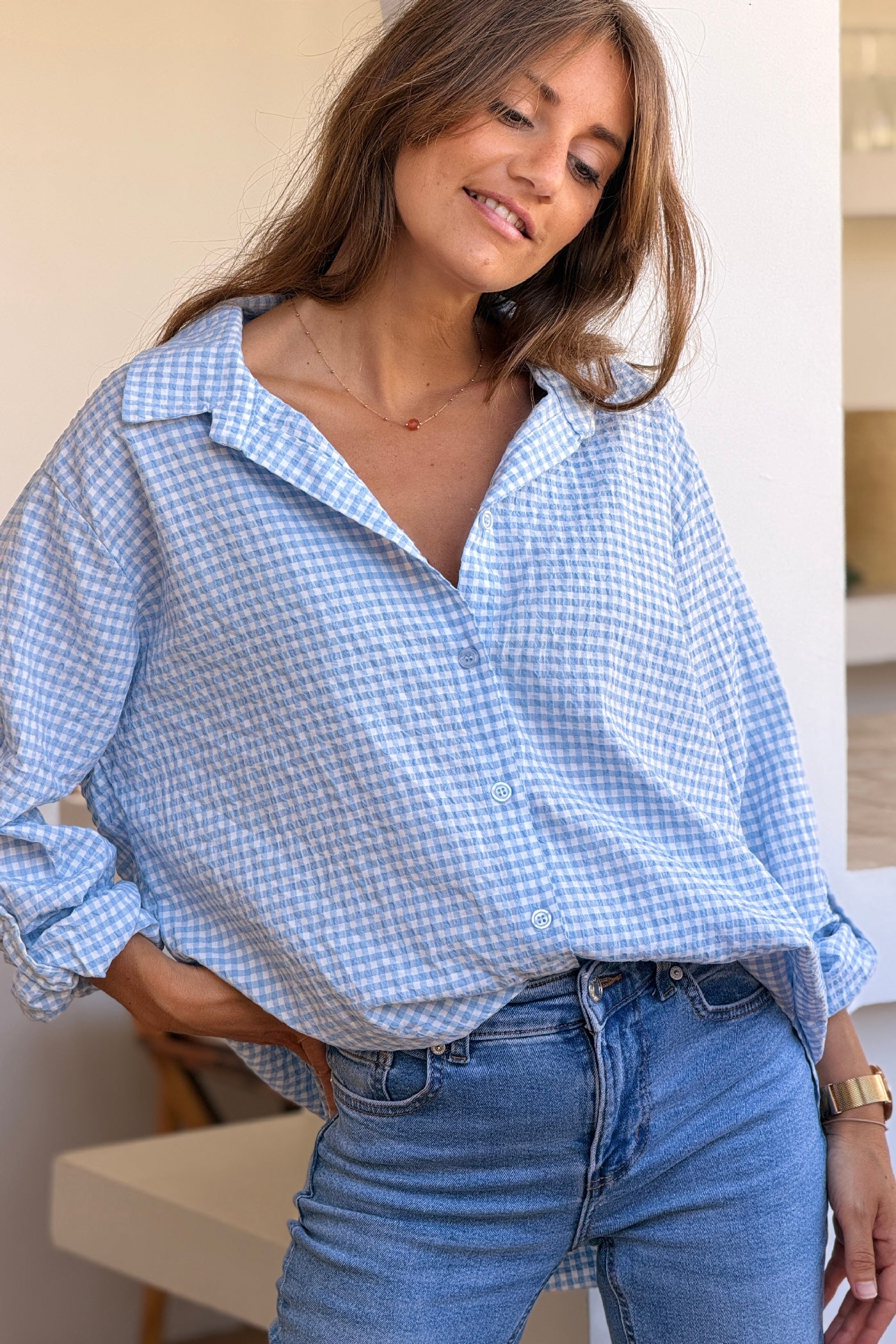 Chemise en seersucker large et stretch carreaux vichy bleu