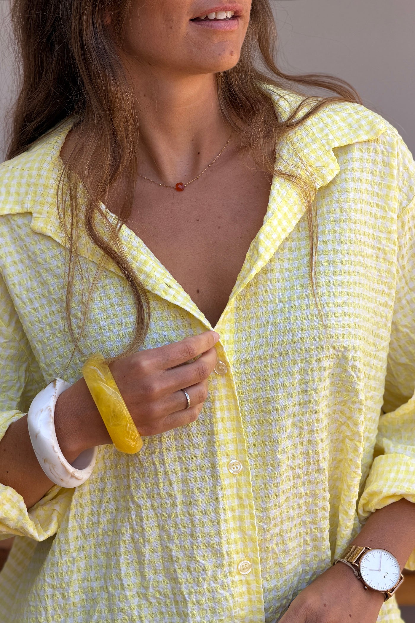 Chemise en seersucker large et stretch carreaux vichy jaune