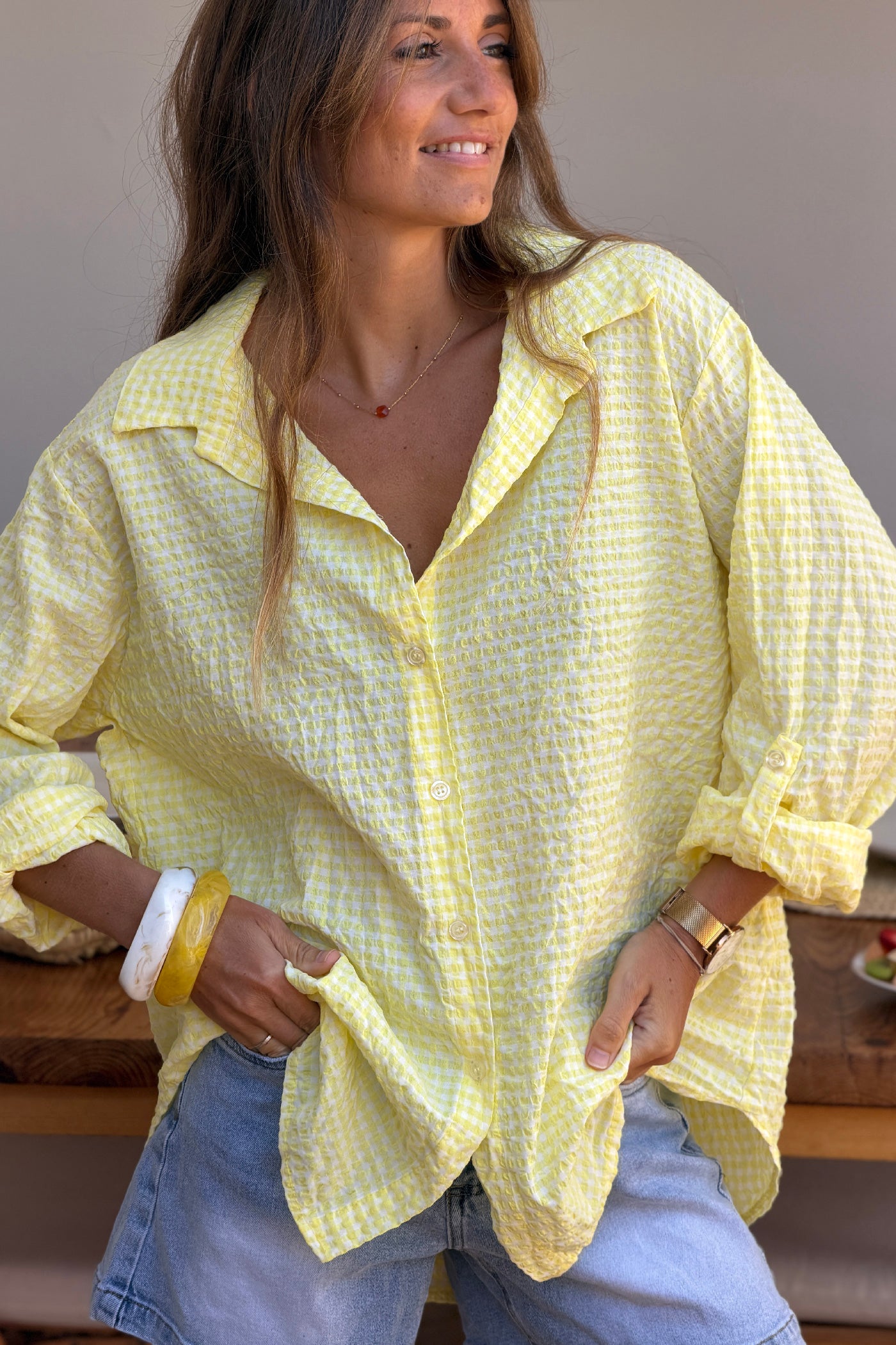 Chemise en seersucker large et stretch carreaux vichy jaune