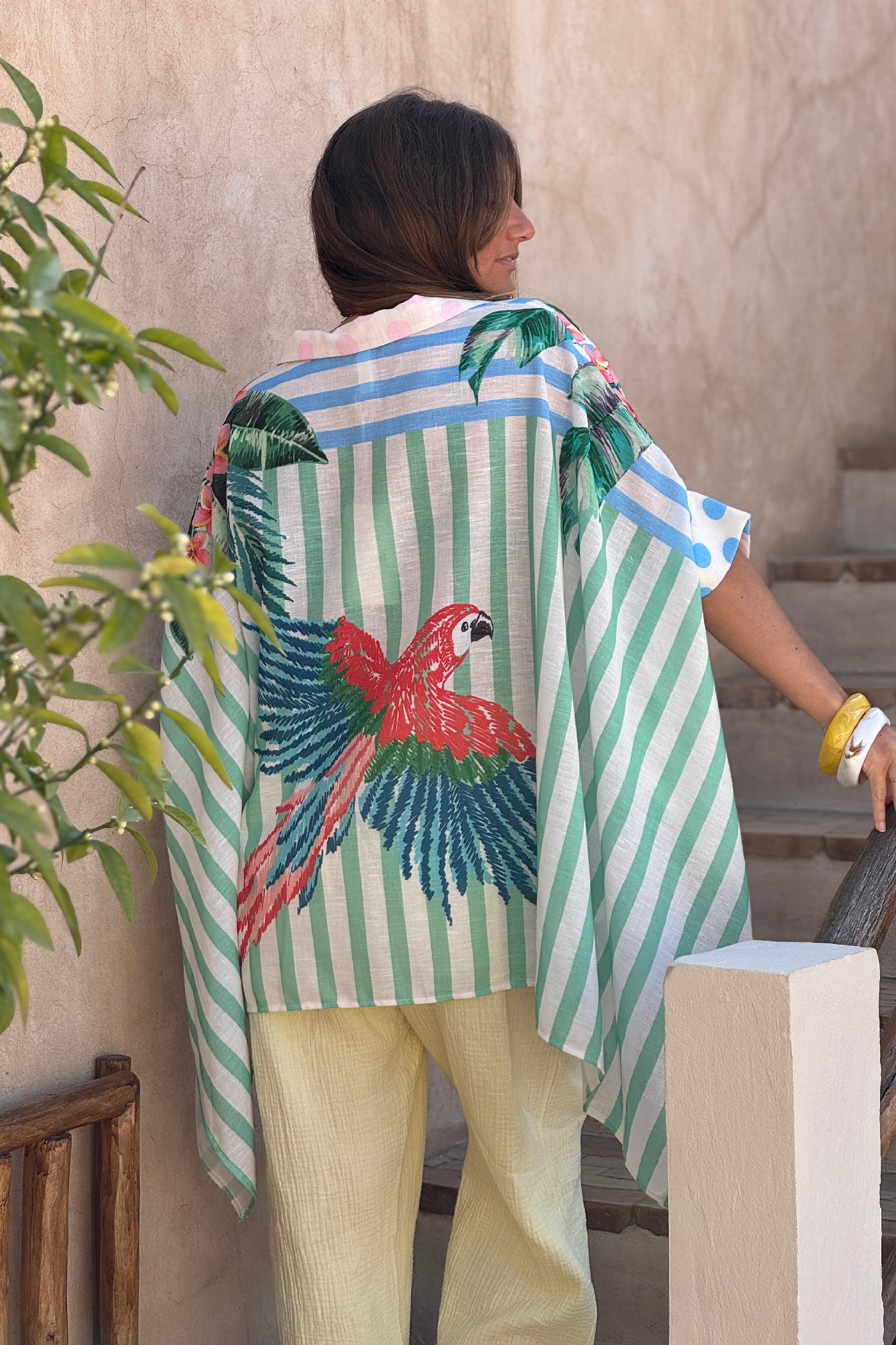 Chemise extra large rayures trio coloré perroquets et palmes
