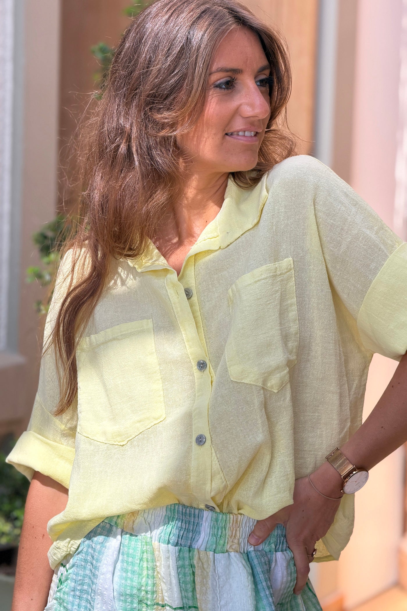 Yellow Soft Cotton Blouse with 3/4 sleeves and large Pockets