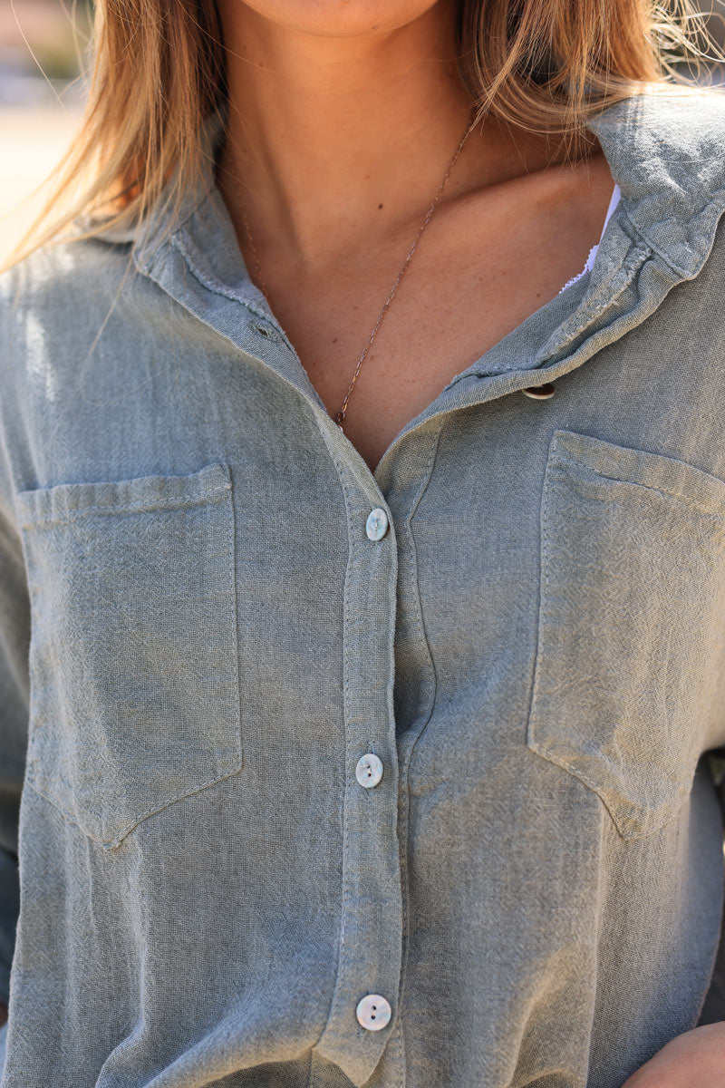Khaki soft cotton blouse with 3/4 sleeves and large pockets