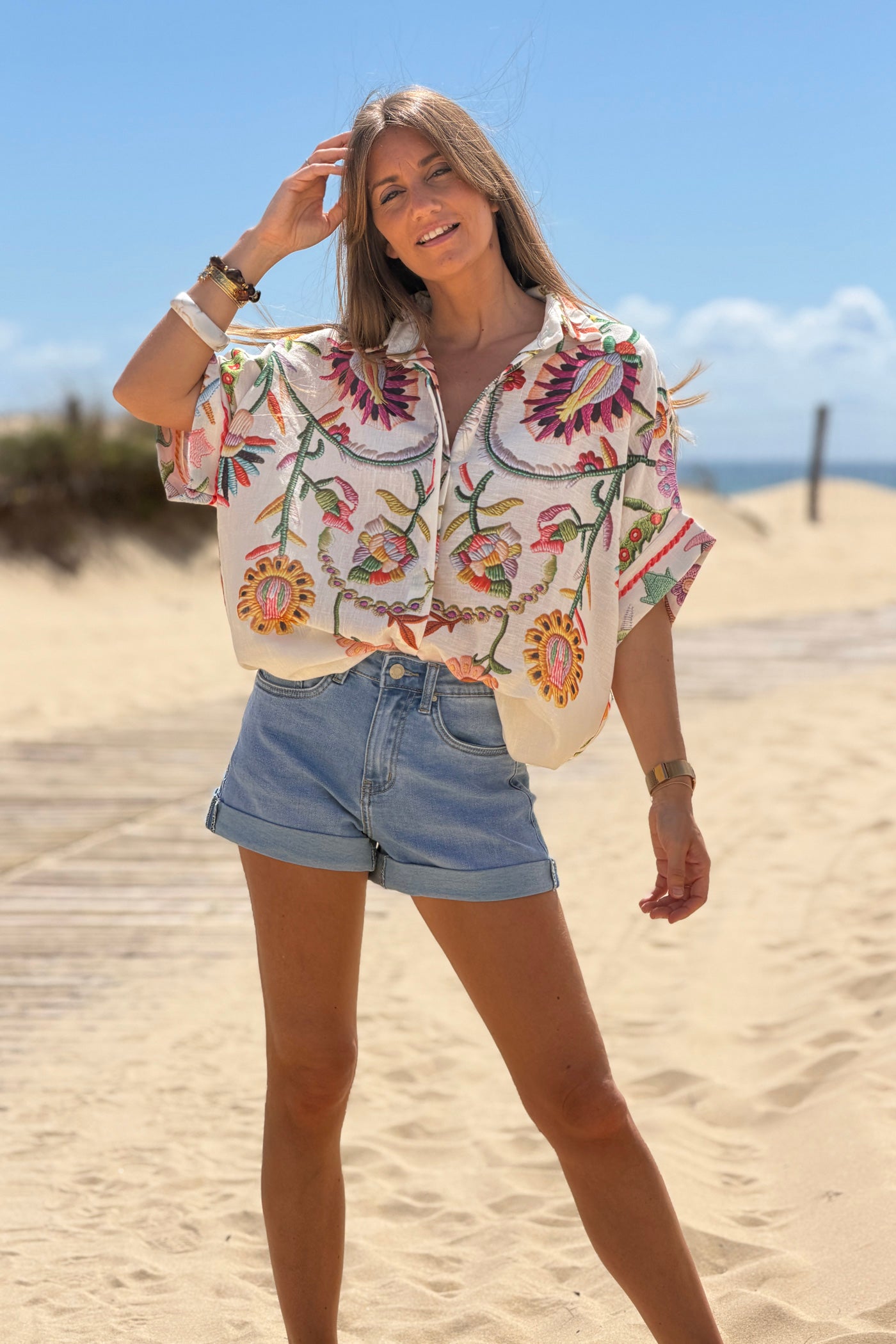 Beige Embroidered Folk Garden Button-Down Blouse