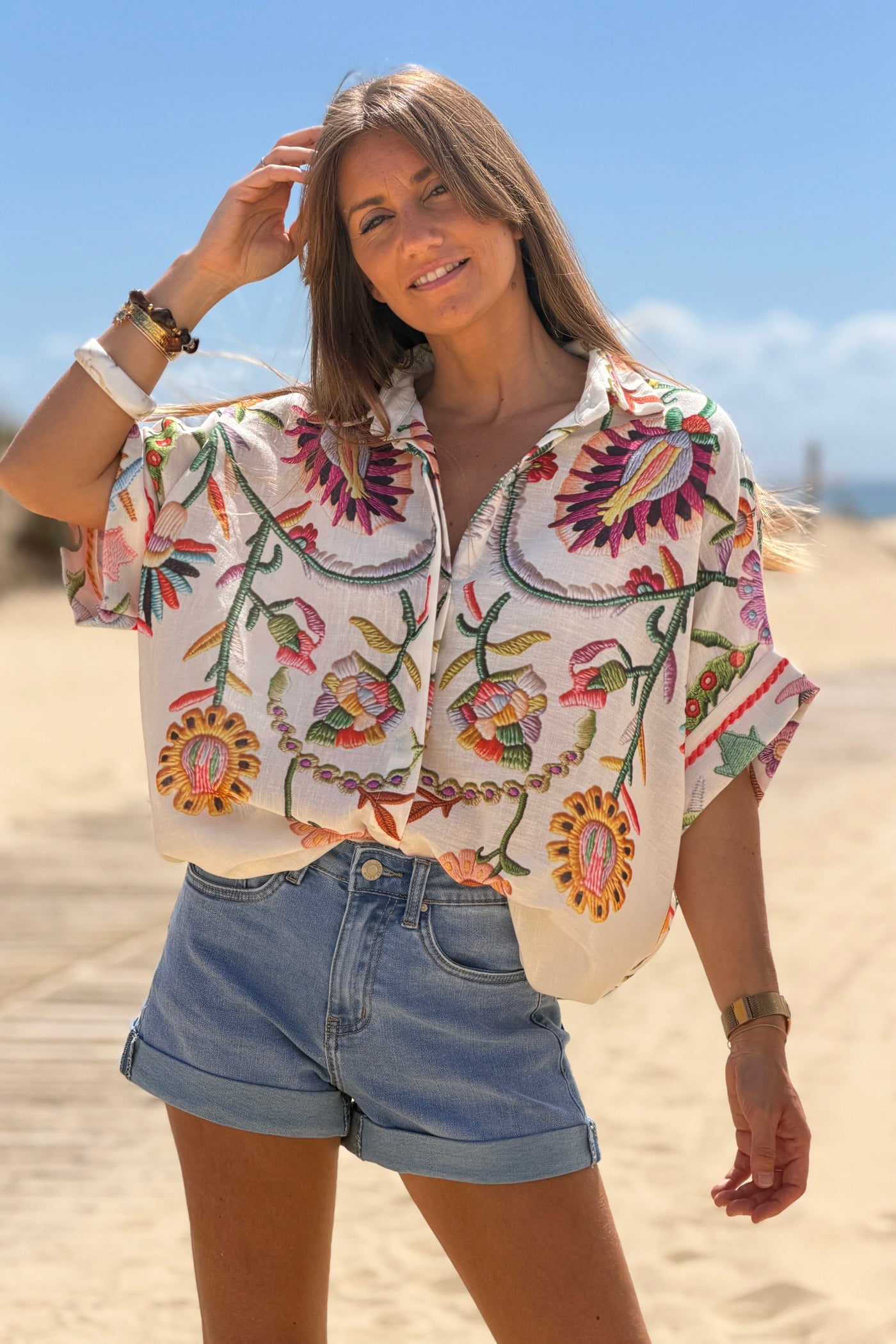 Beige Embroidered Folk Garden Button-Down Blouse
