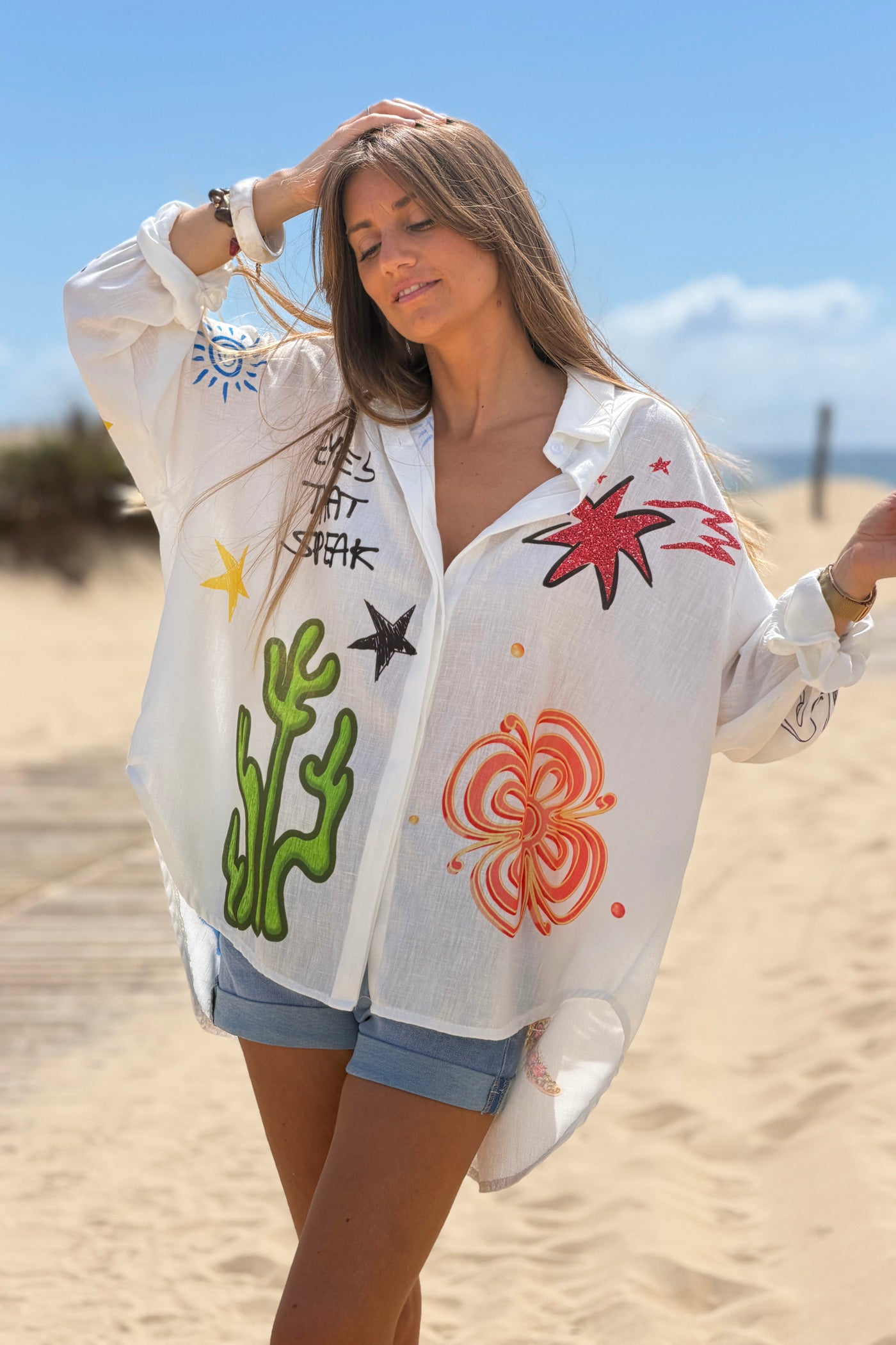 Chemise large écrue manches longues imprimé cactus et fleurs et œil