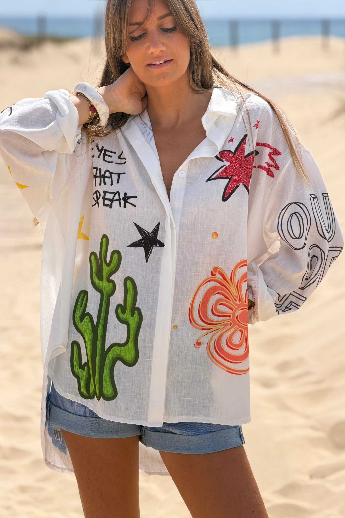 Chemise large écrue manches longues imprimé cactus et fleurs et œil