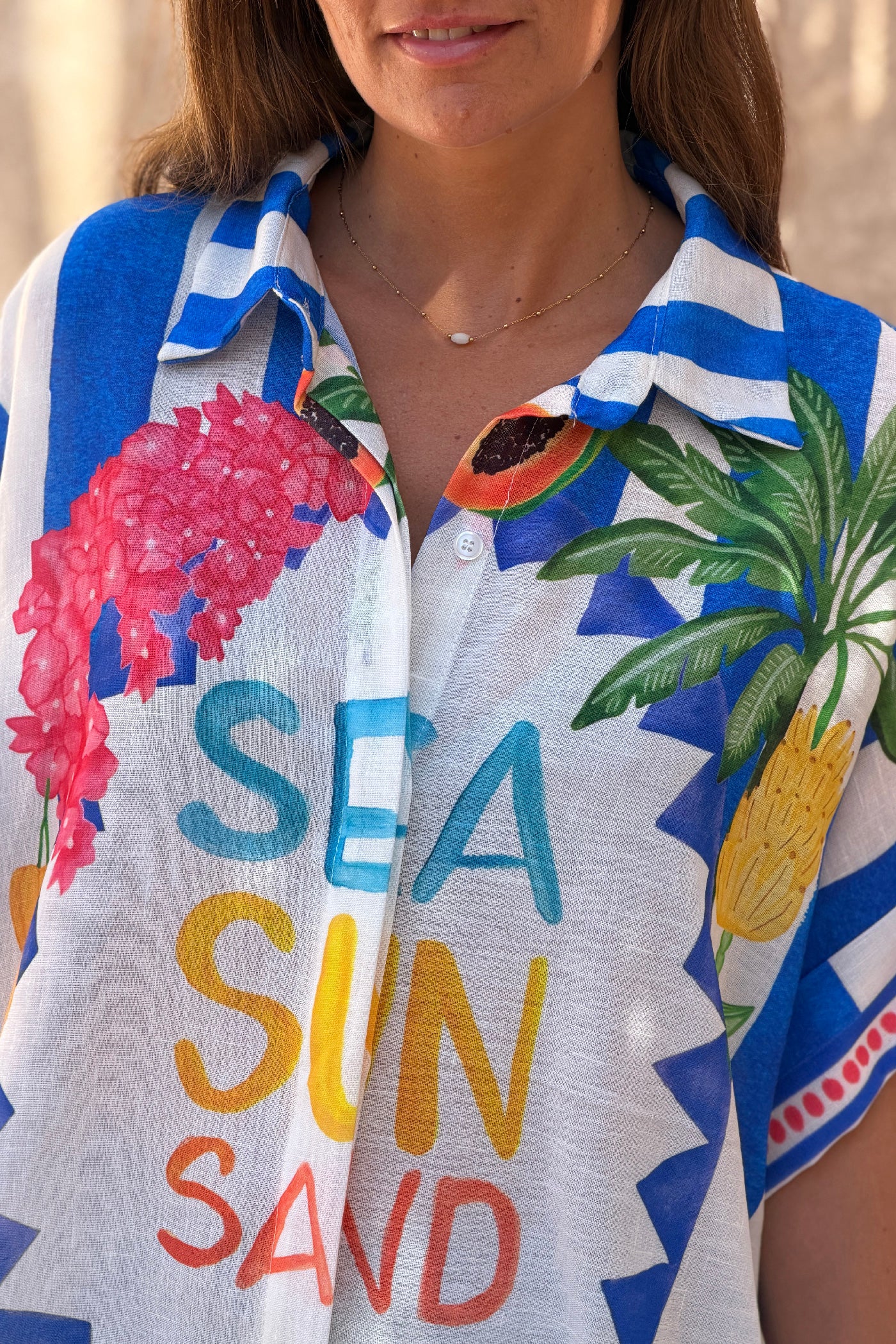 Blue “Sea, Sun, Sand” Cabana Stripe Button-Down Blouse