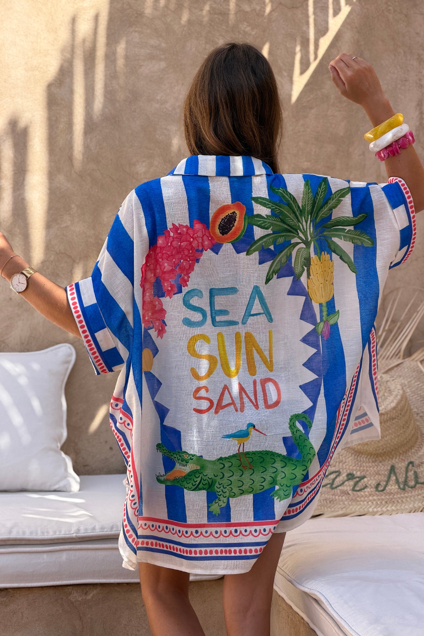 Blue “Sea, Sun, Sand” Cabana Stripe Button-Down Blouse