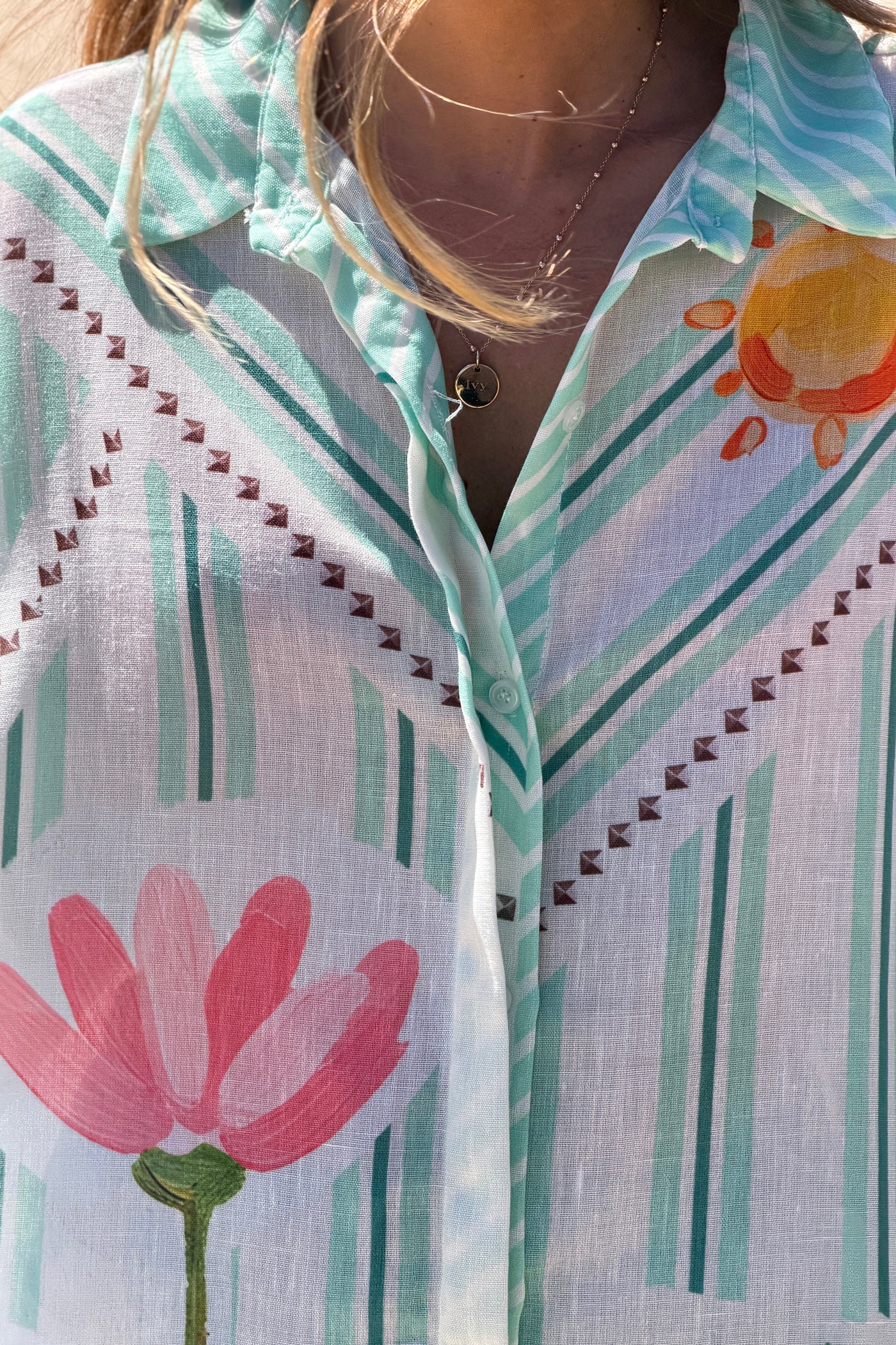 Sage Stripe Palm Dreams Button-Down Blouse